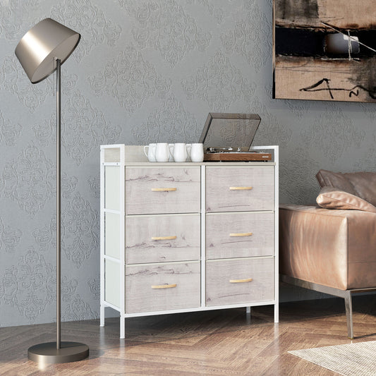 HOMCOM Rustic Six Fabric Drawer Chest Natural Finish For Bedroom Storage And Organization