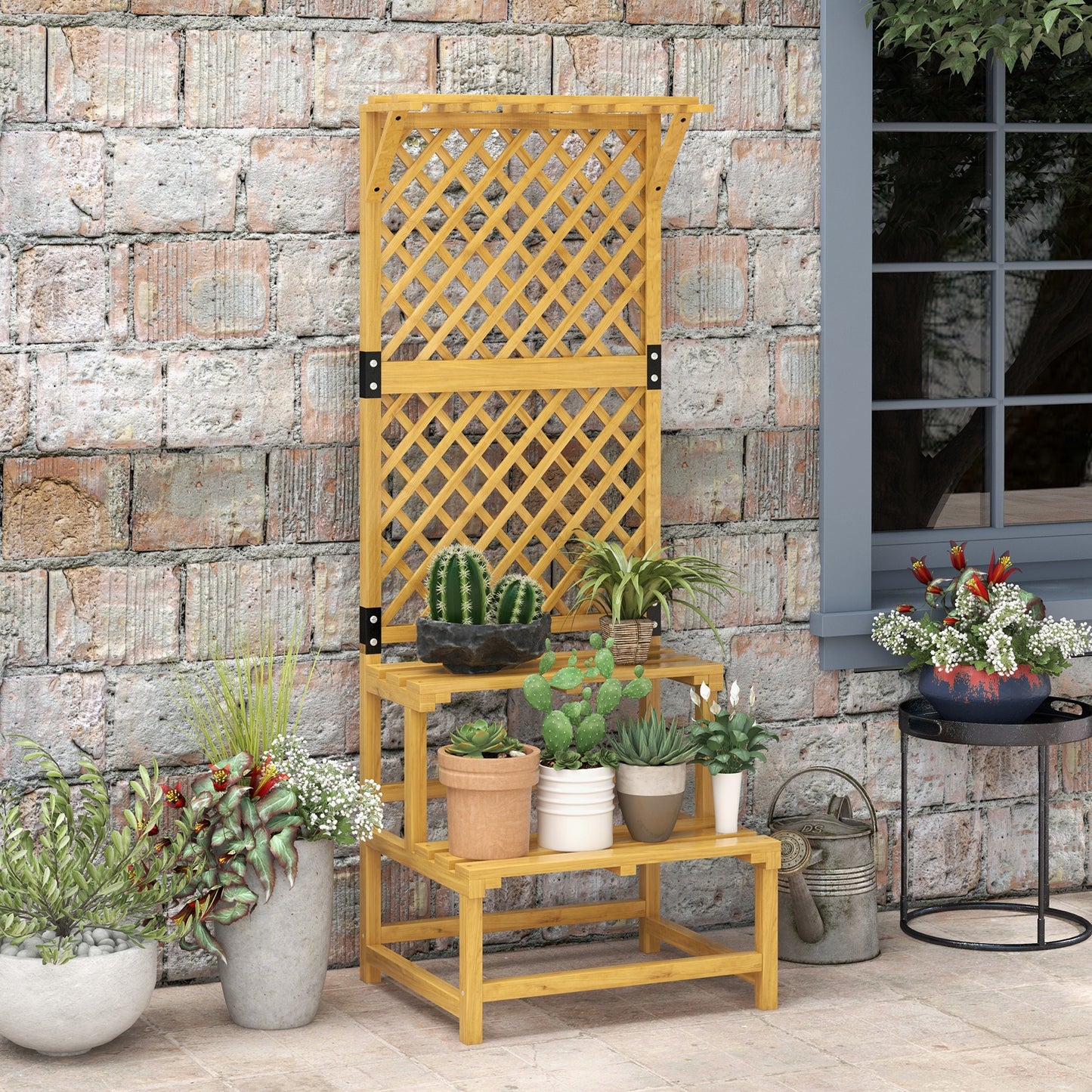Outsunny Wooden Plant Stand With Trellis Natural Finish Three Part Design For Plants Flowers Vines