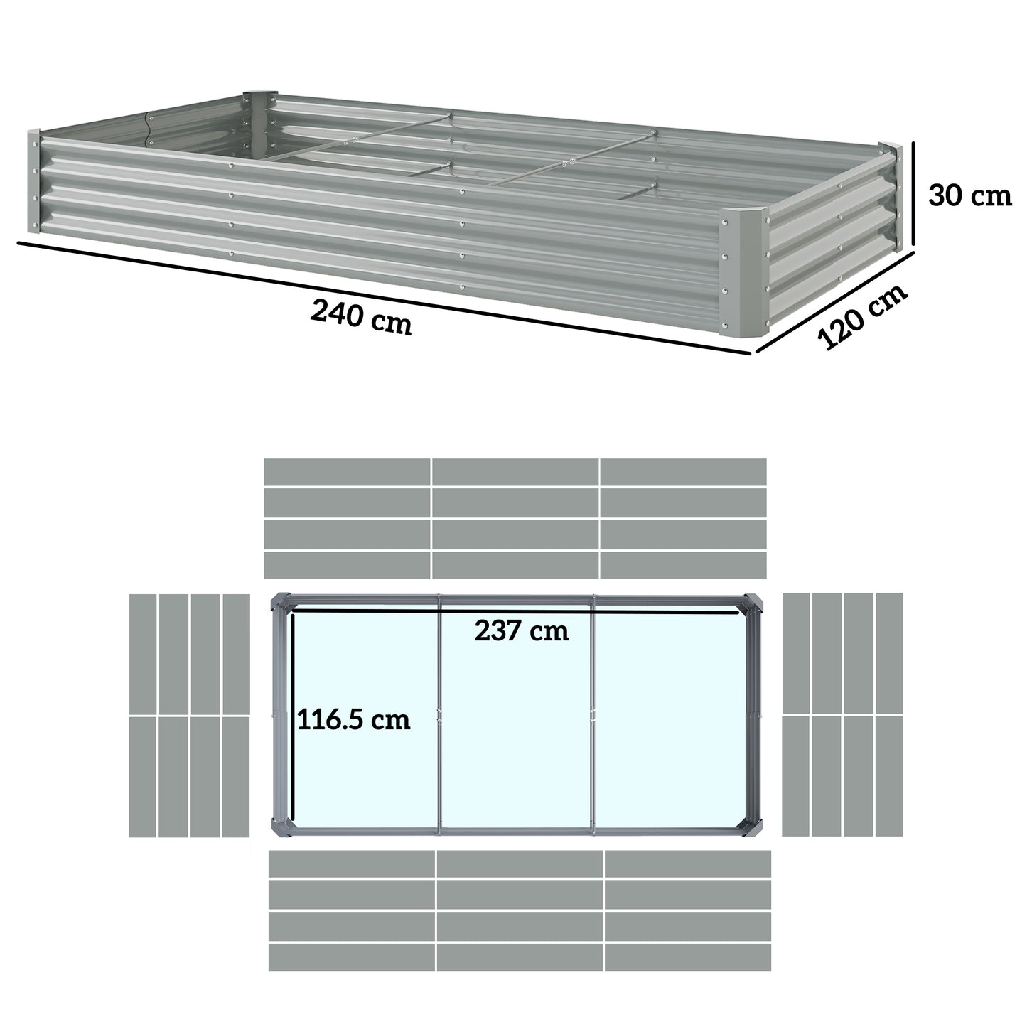 Outsunny 240 x 120 cm Galvanised Steel Open Planter Silver Outdoor Garden Bed Weather Resistant