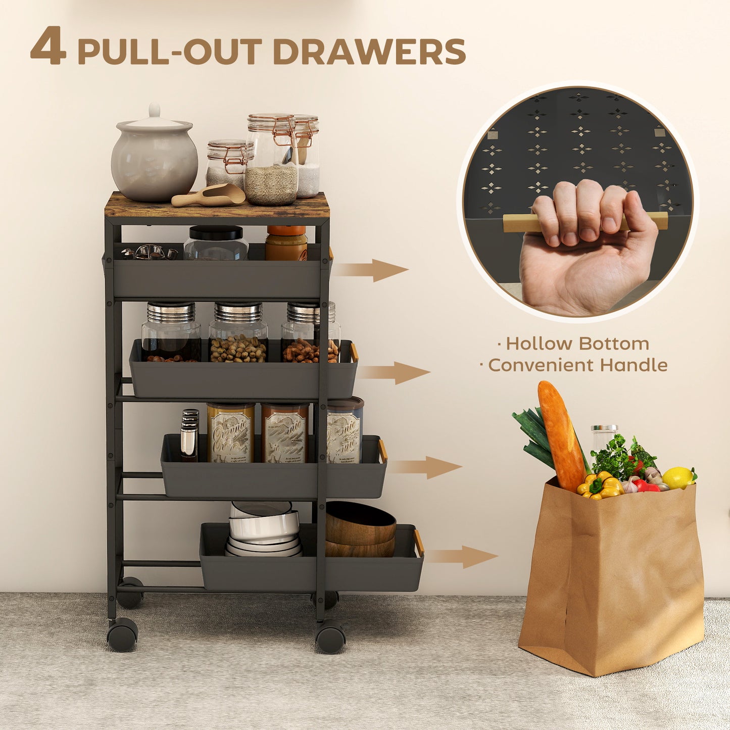 HOMCOM 5 Tier Storage Trolley On Wheels Black With Wood Effect Top Kitchen Cart For Small Spaces