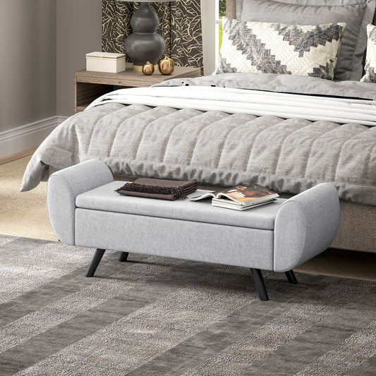 HOMCOM Linen Upholstered Storage Ottoman With Armrest Lift Top Window Seat Bench With Rubberwood Legs Light Grey