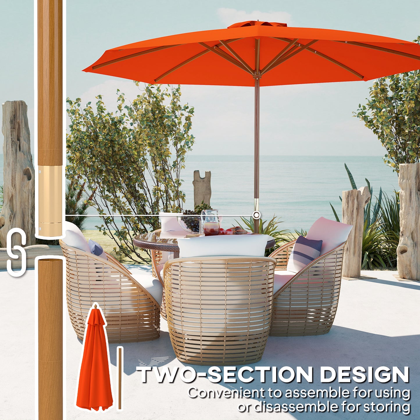 Outsunny 3m Wood Pole Parasol Umbrella Orange For Patio Garden With Vented Canopy And Adjustable Angle Three Positions