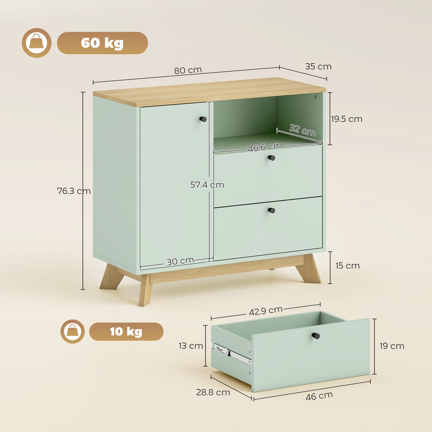 HOMCOM Light Green And Oak Sideboard Storage Cabinet 80 Cm Buffet With 2 Drawers Open Compartment Adjustable Shelf