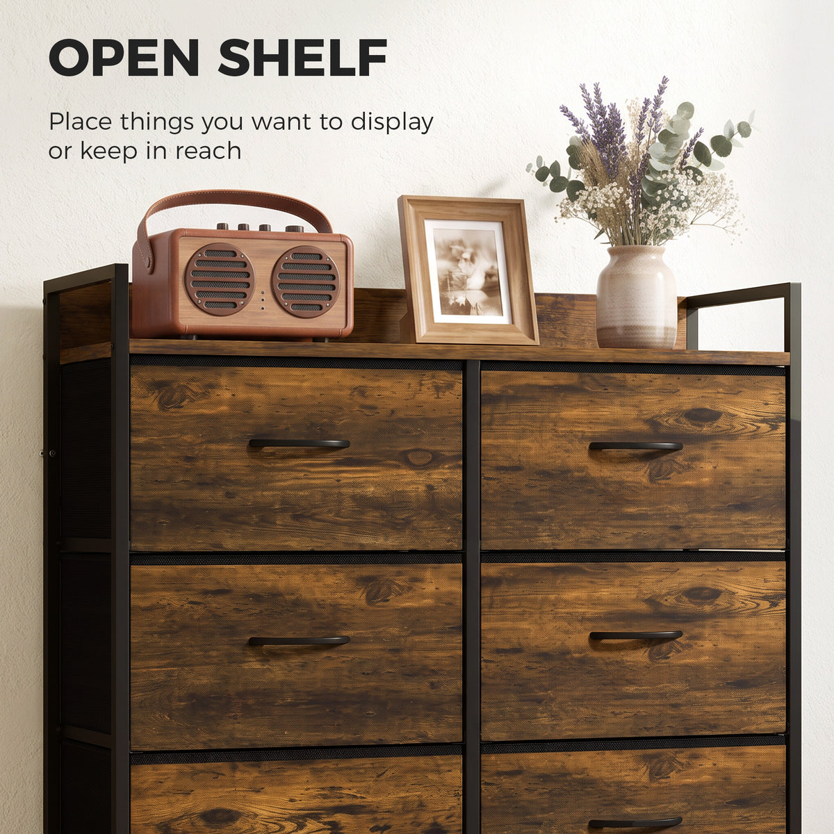 Woodgrain dresser with open shelf and multiple fabric drawers, dark frame and long pull handles
