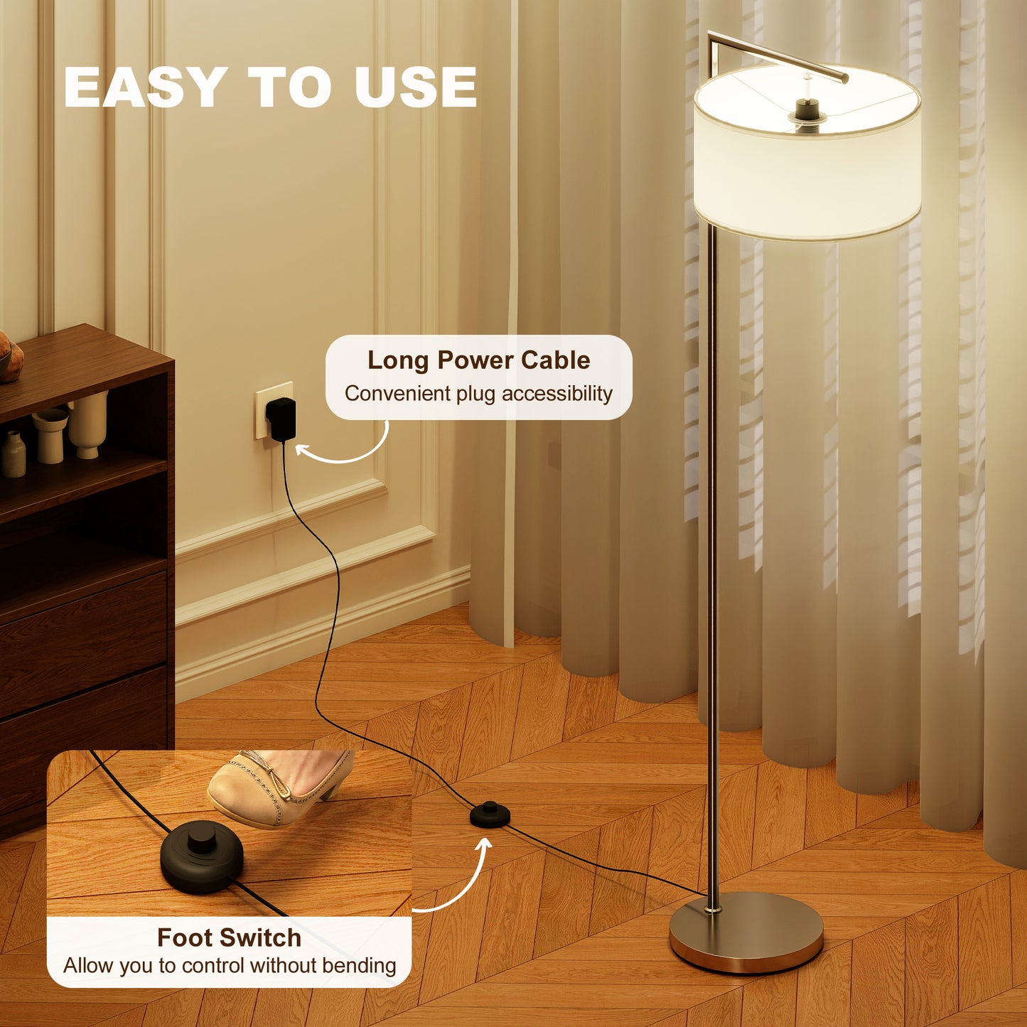 HOMCOM Floor Lamp Modern Standing Lamp With Linen Lampshade 153cm Silver Tone For Living Room Bedroom Dining Room
