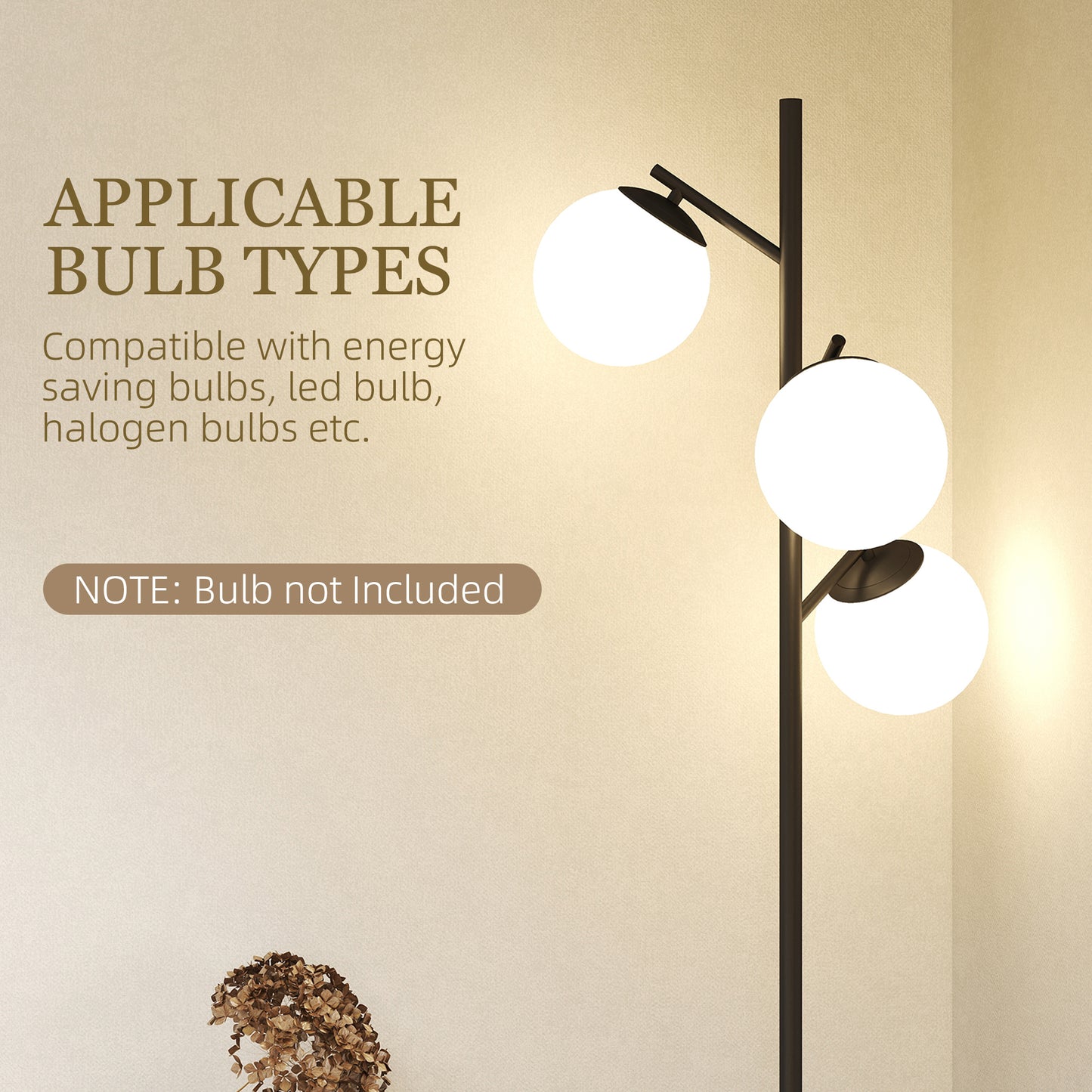 HOMCOM 3 Light Tree Floor Lamp Living Room Modern Standing Lamp Globe Lampshades Black Steel Base Bulb Not Included