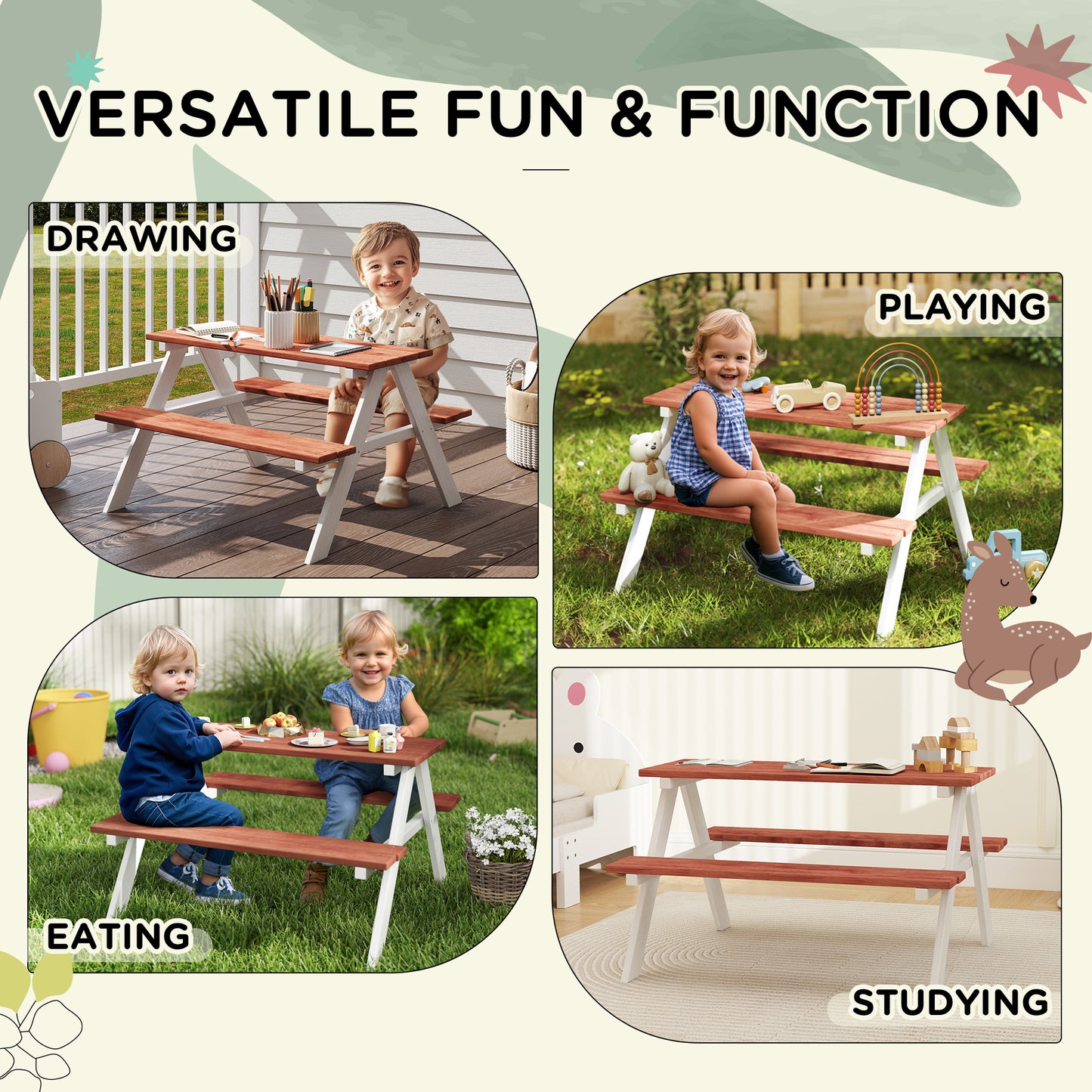 Outsunny Kids Picnic Table And Bench Set Weatherproof Wooden Furniture For Patio Ages 3 To 8 Brown