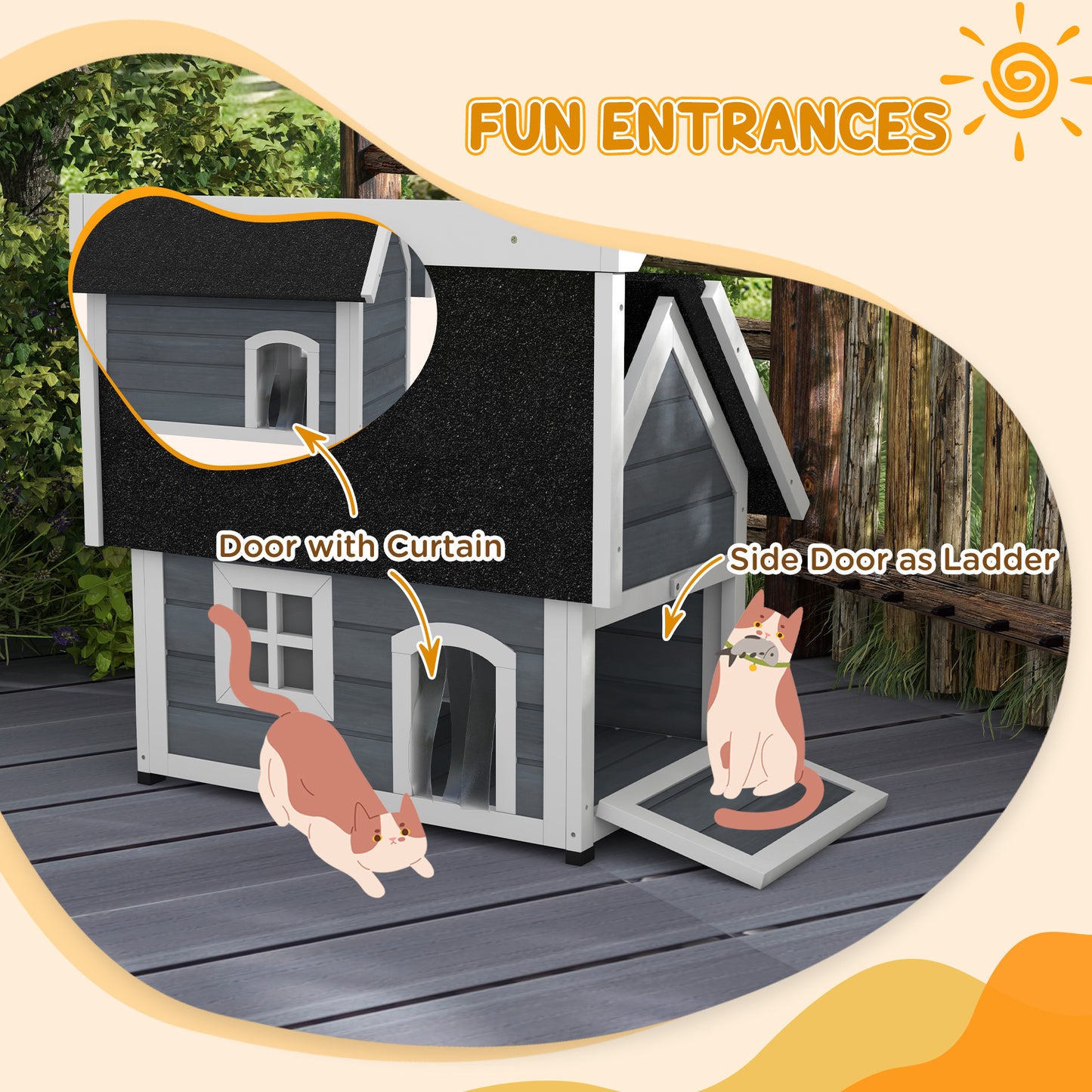 PawHut Outdoor Wooden Cat Shelter with Waterproof Asphalt Roof and Easy Access Doors - Grey Cat House - ALL4U RETAILER LTD