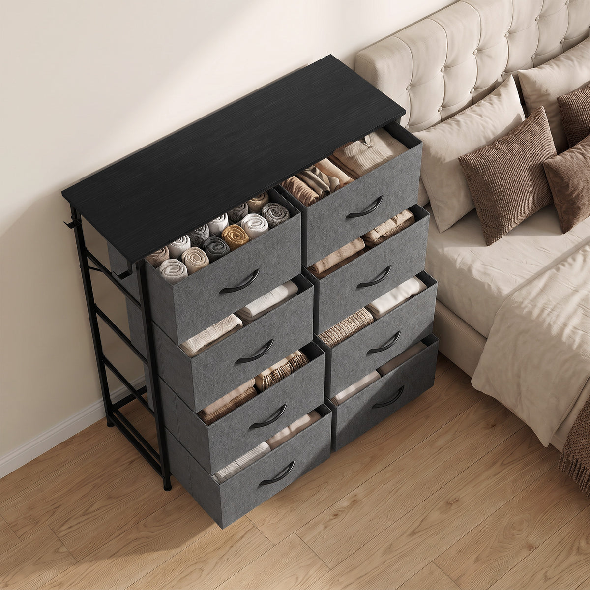 HOMCOM 8 Drawer Fabric Dresser with Side Storage Bag and Hooks Grey