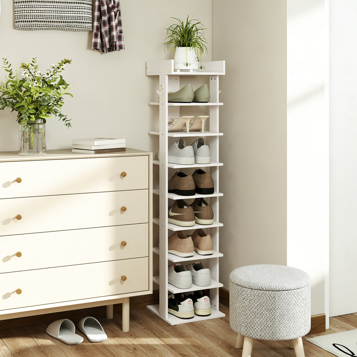 HOMCOM 9 Tier Shoe Rack with Top Tray Guardrail and 2 Hooks White