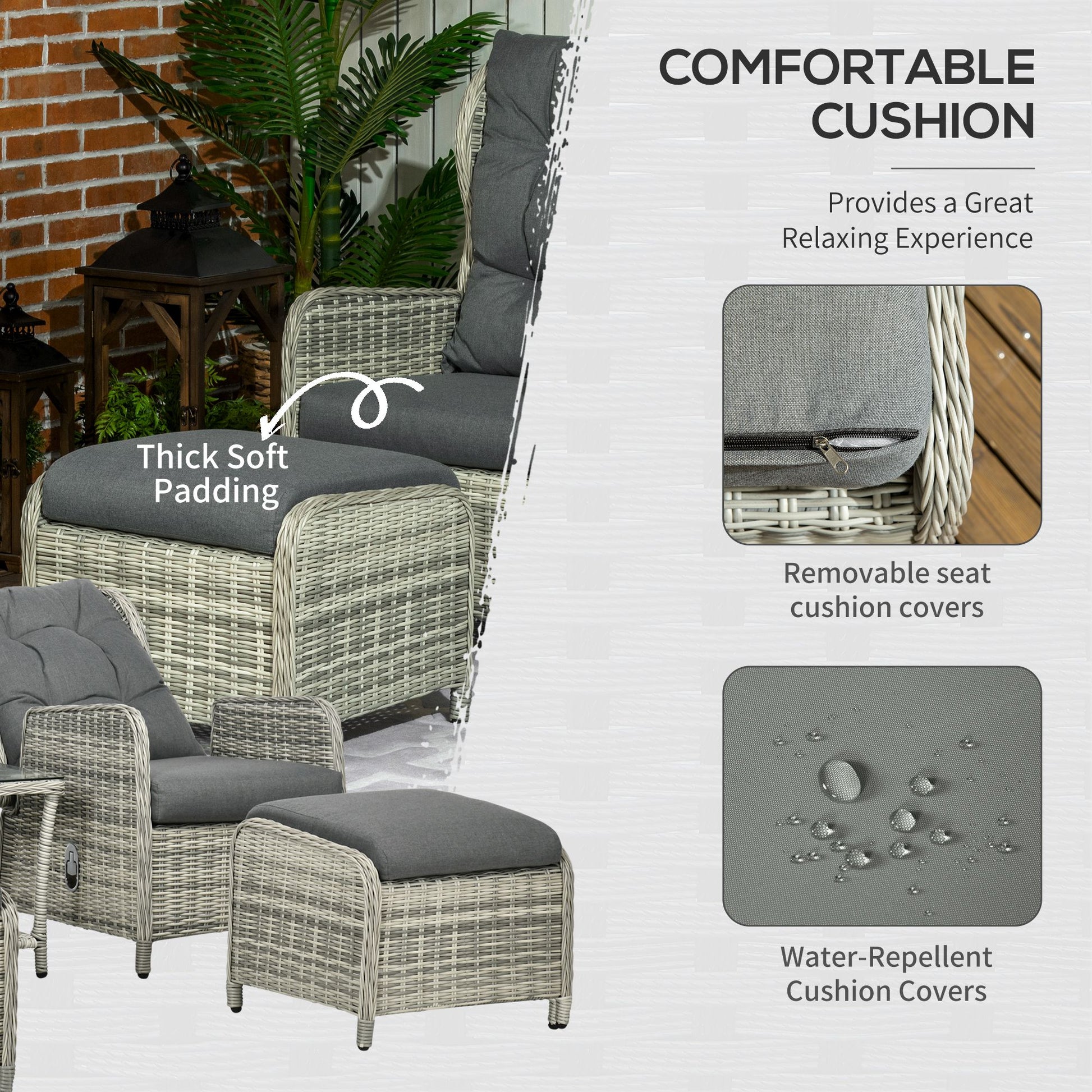 Outsunny 5-Piece Outdoor Wicker Recliner Sofa Set with Adjustable Loungers, Glass-Top Table, and Footstools in Mixed Grey - ALL4U RETAILER LTD