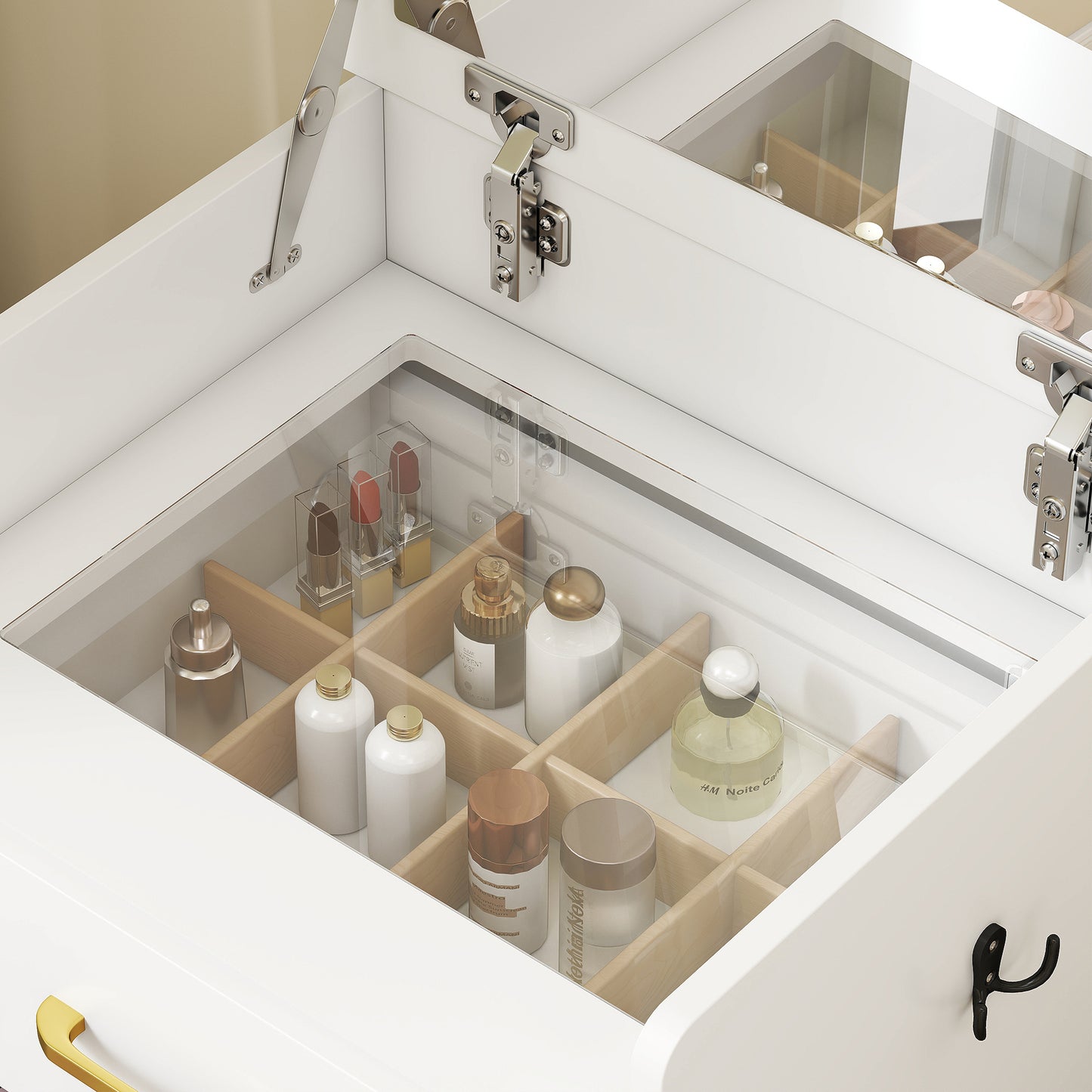 HOMCOM Compact Dressing Table And Stool Set With White Mirror And Storage Two Drawers And Eight Grid Storage