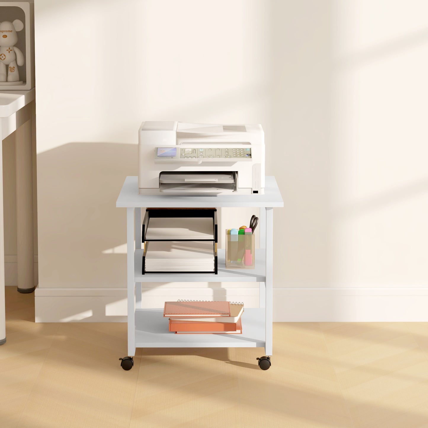 Vinsetto Mobile 3-Tier Printer Cart with Storage & Wheels for Home Office - White - ALL4U RETAILER LTD