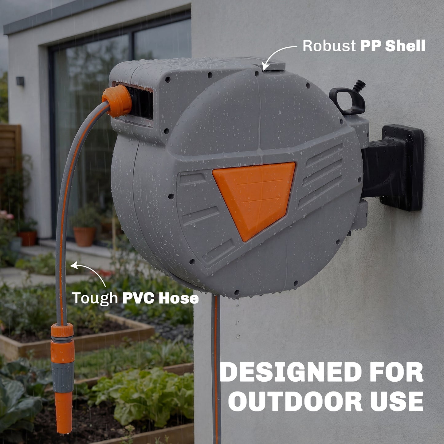 Outsunny Retractable Hose Reel Wall Mounted 15m 1.6m Garden Hose Pipe Reel With Auto Retraction Self Locking Orange