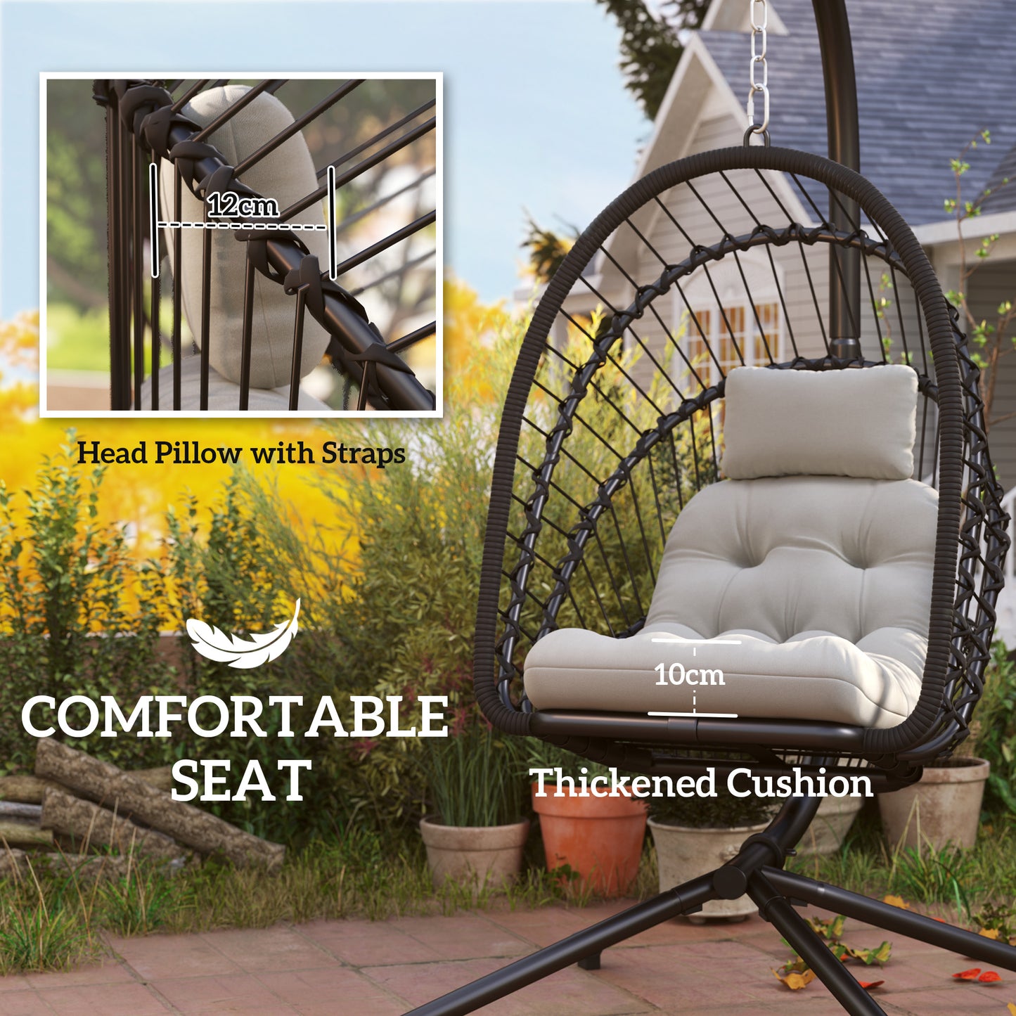 Outsunny Outdoor PE Rattan Egg Chair With Metal Stand Headrest Garden Patio Cushion And Foldable Basket Black