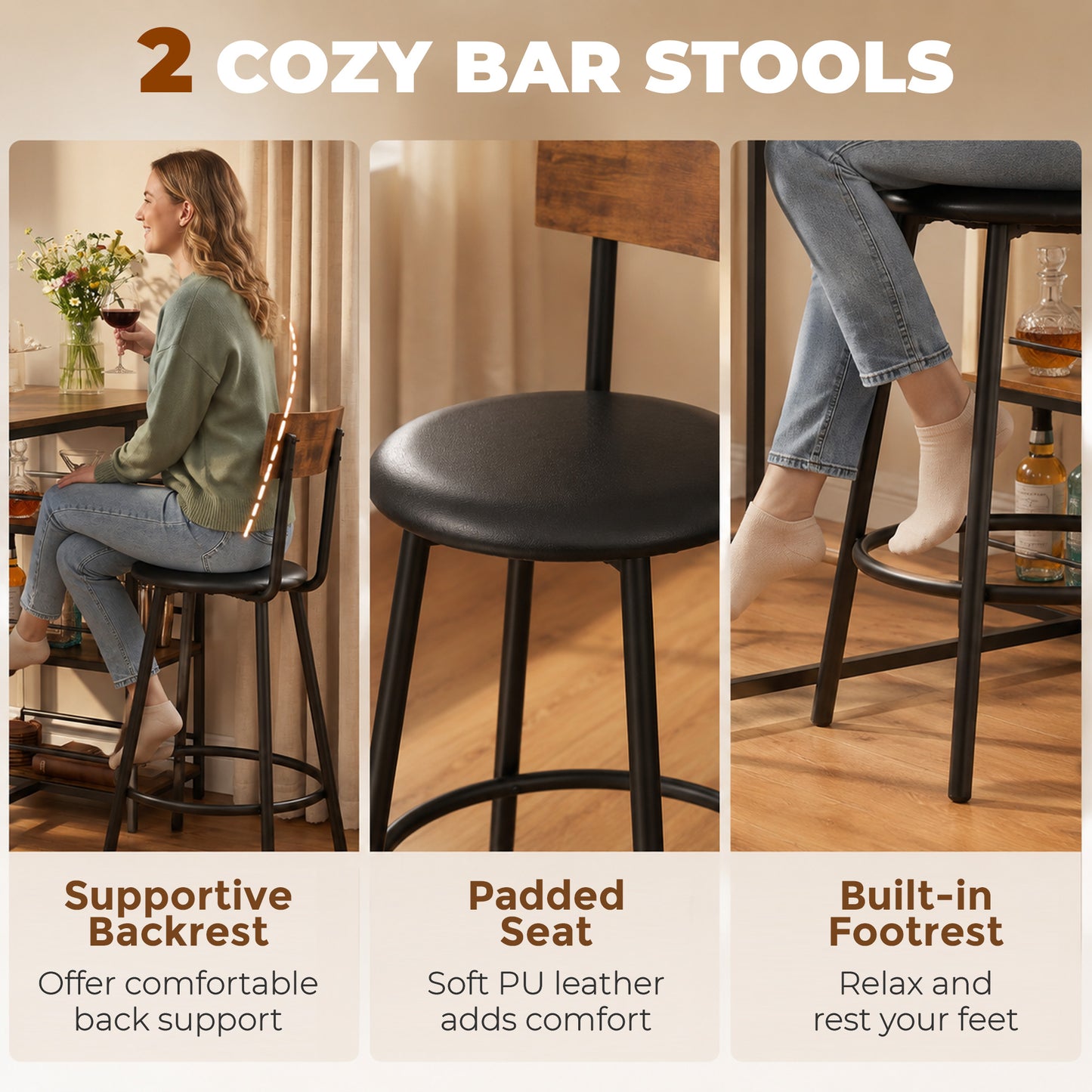 HOMCOM Space Saving Bar Table and PU Leather Stools 3 Piece Breakfast Bar Set for 2 with Storage Shelves Rustic Brown