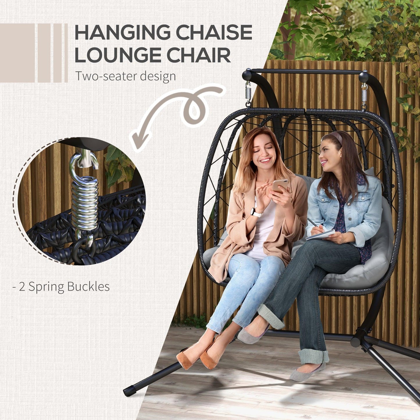 Outsunny Outdoor PE Rattan Double-seater Swing Chair w/ Thick Padded Cushion, Patio Hanging Chair for 2 w/ Metal Stand, Headrest, Black - ALL4U RETAILER LTD