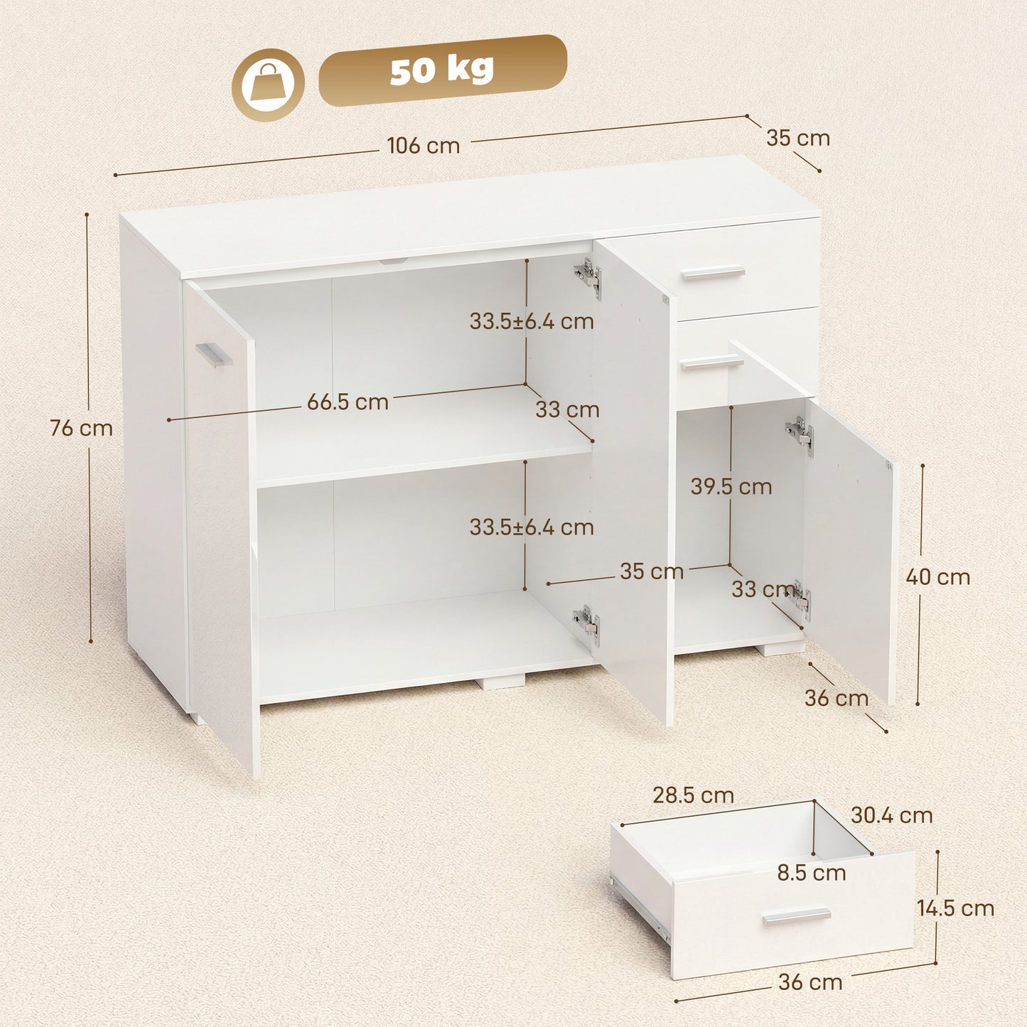 HOMCOM Sideboard Modern Storage Cabinet With Two Drawers Three Doors And Adjustable Shelves High Gloss White