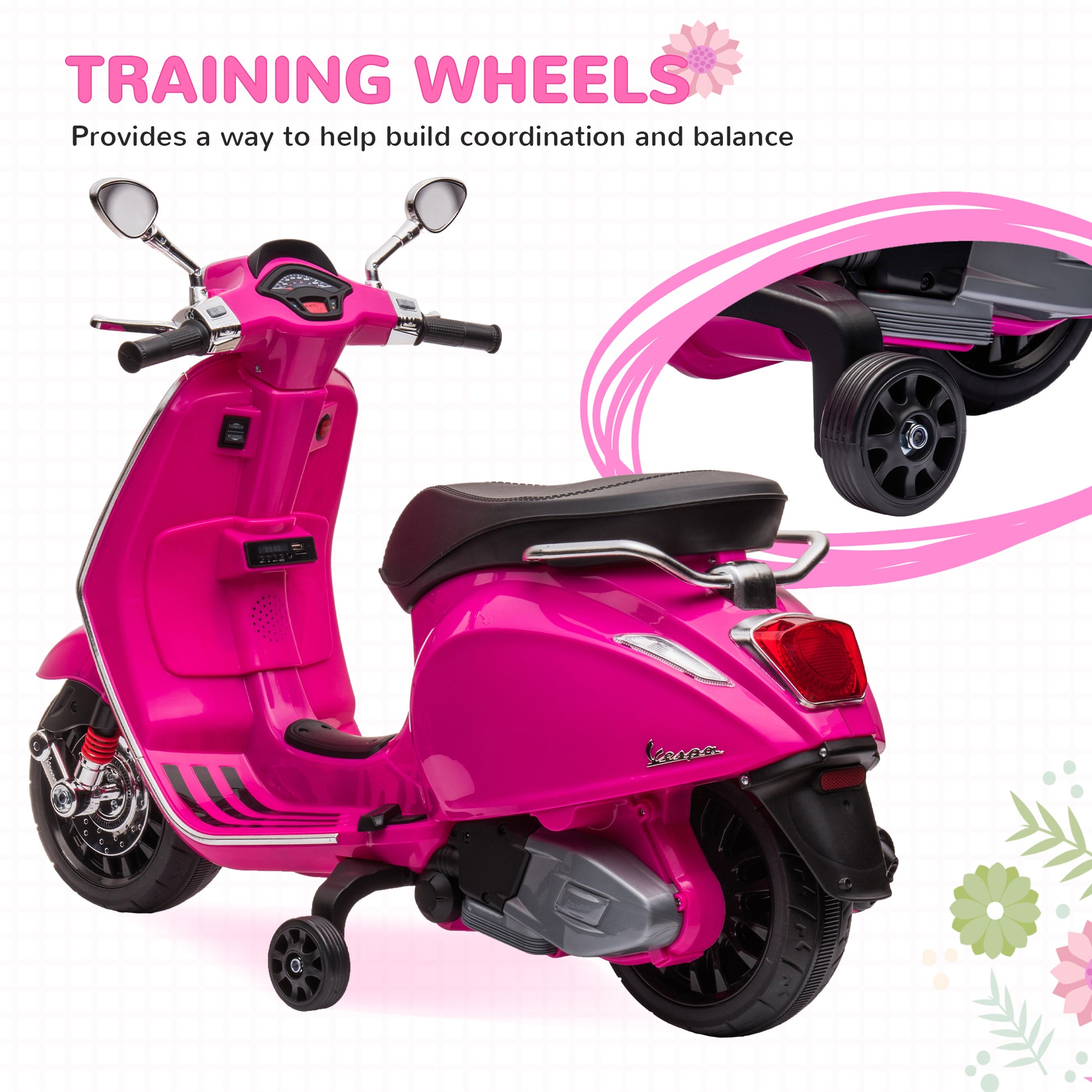 AIYAPLAY Vespa-Inspired Pink Electric Ride-On Motorbike for Kids Aged 3-6 with Music and Lights - ALL4U RETAILER LTD