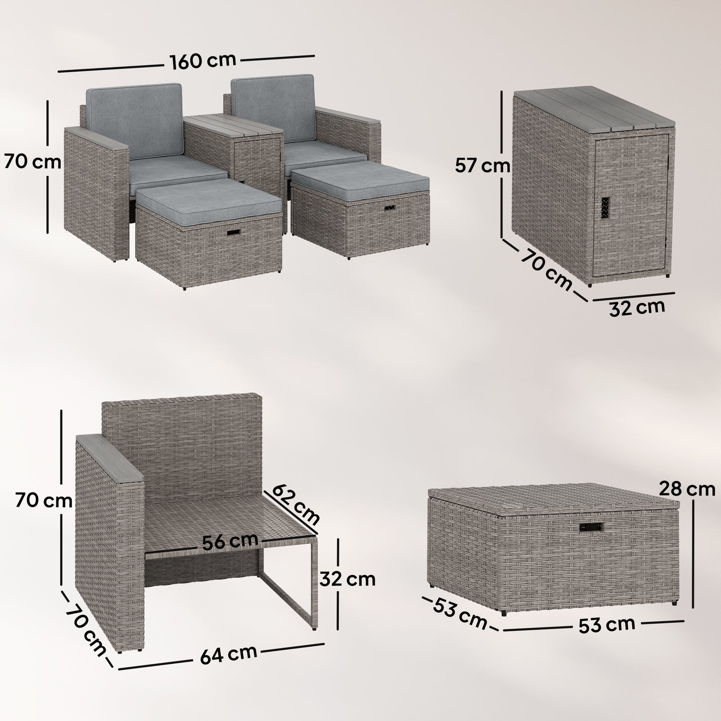 Outsunny 5 Piece Rattan Garden Furniture Set with Storage Table Cushions and Footstools in Dark Grey for Outdoor Patio