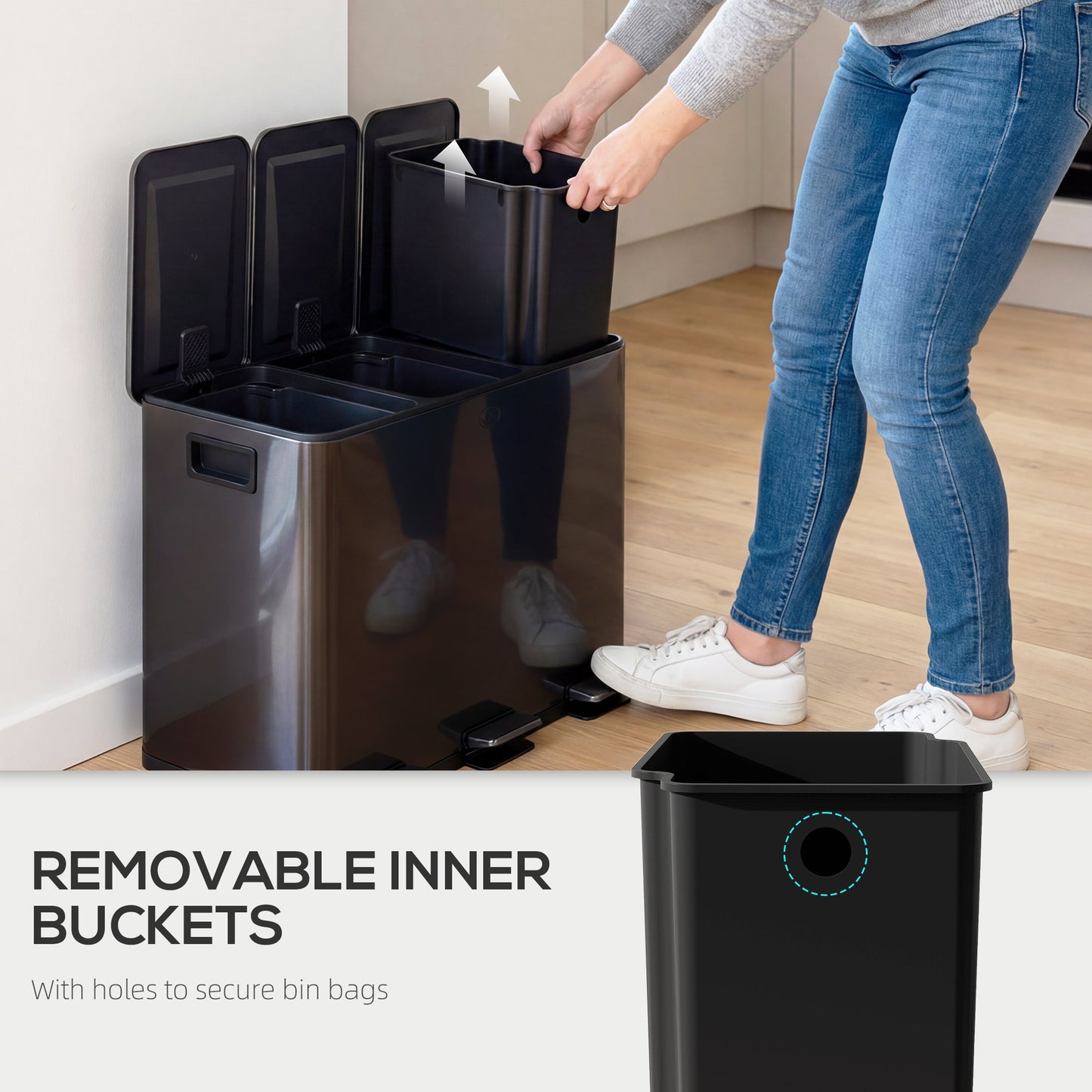 HOMCOM 3 x 15L Pedal Bin Stainless Steel Kitchen Bin With Soft Close Lid Removable Buckets Fingerprint Proof Black