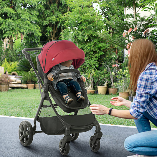 HOMCOM Lightweight 2-in-1 Convertible Travel Stroller with Fully Reclining Seat, Adjustable Canopy, and 5-Point Harness in Red - ALL4U RETAILER LTD