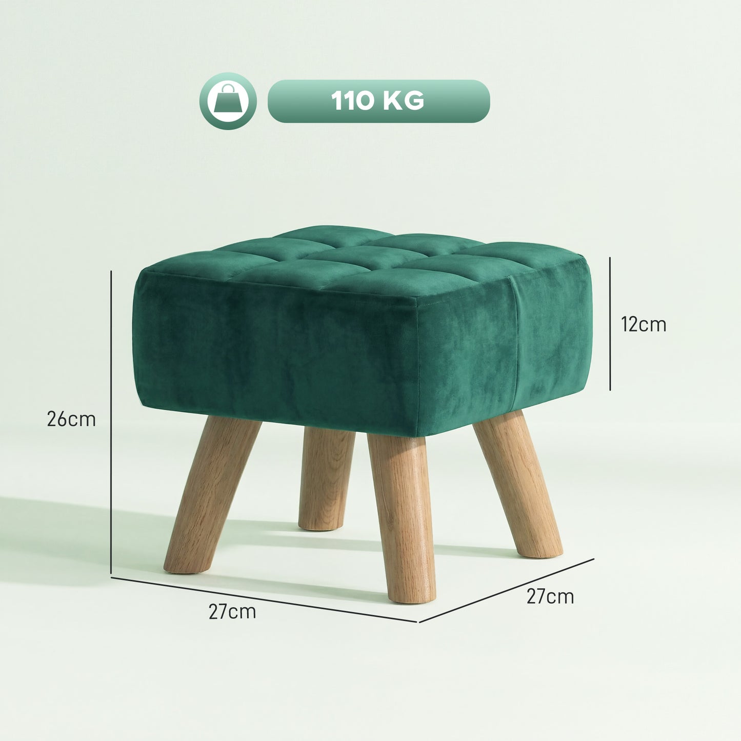 HOMCOM Velvet Square Padded Footstool with Tufted Top and Wooden Legs Dark Green
