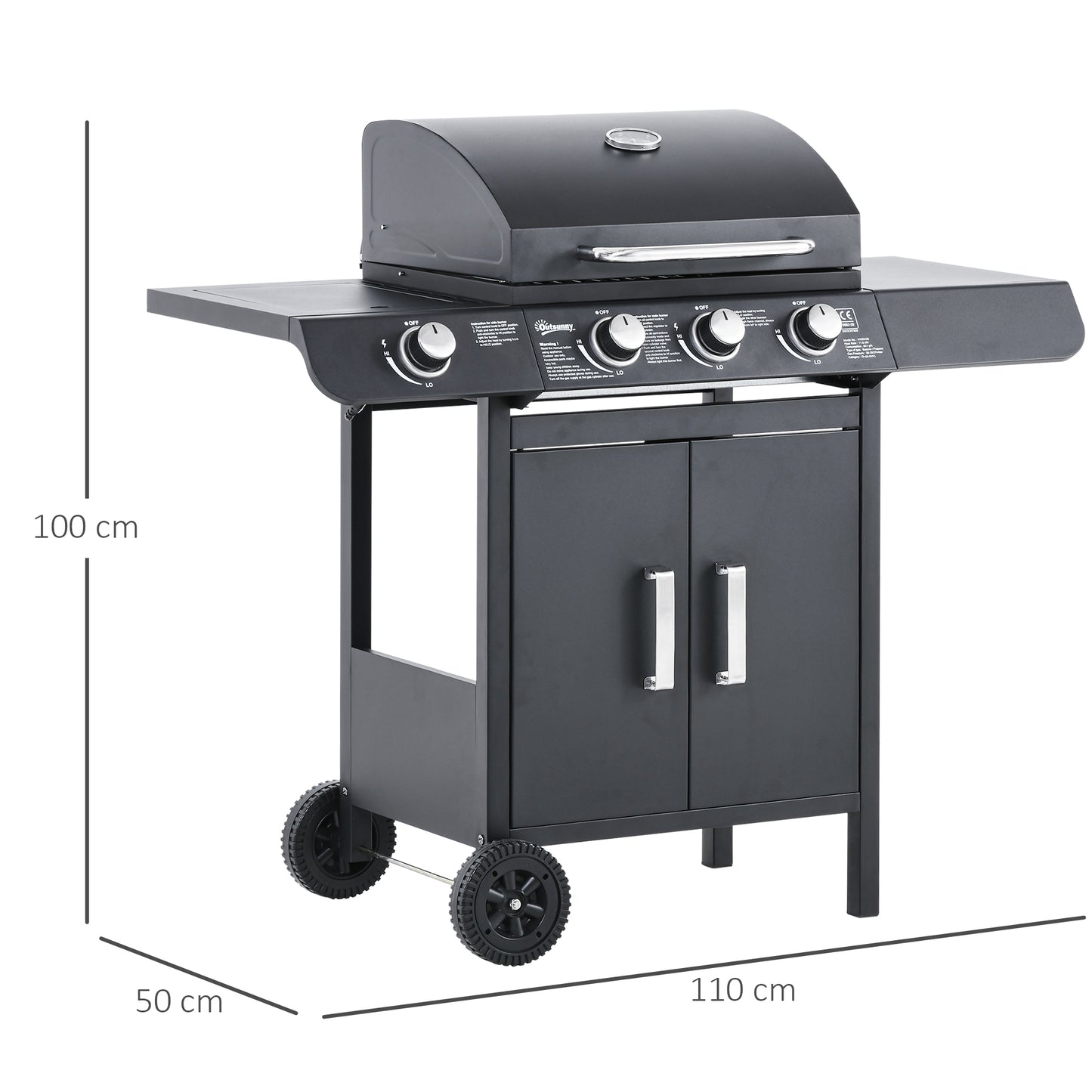 Outsunny 3 Plus 1 Burner Gas Bbq Grill With Trolley Wheels Cabinet Side Shelves Warming Rack And Thermometer