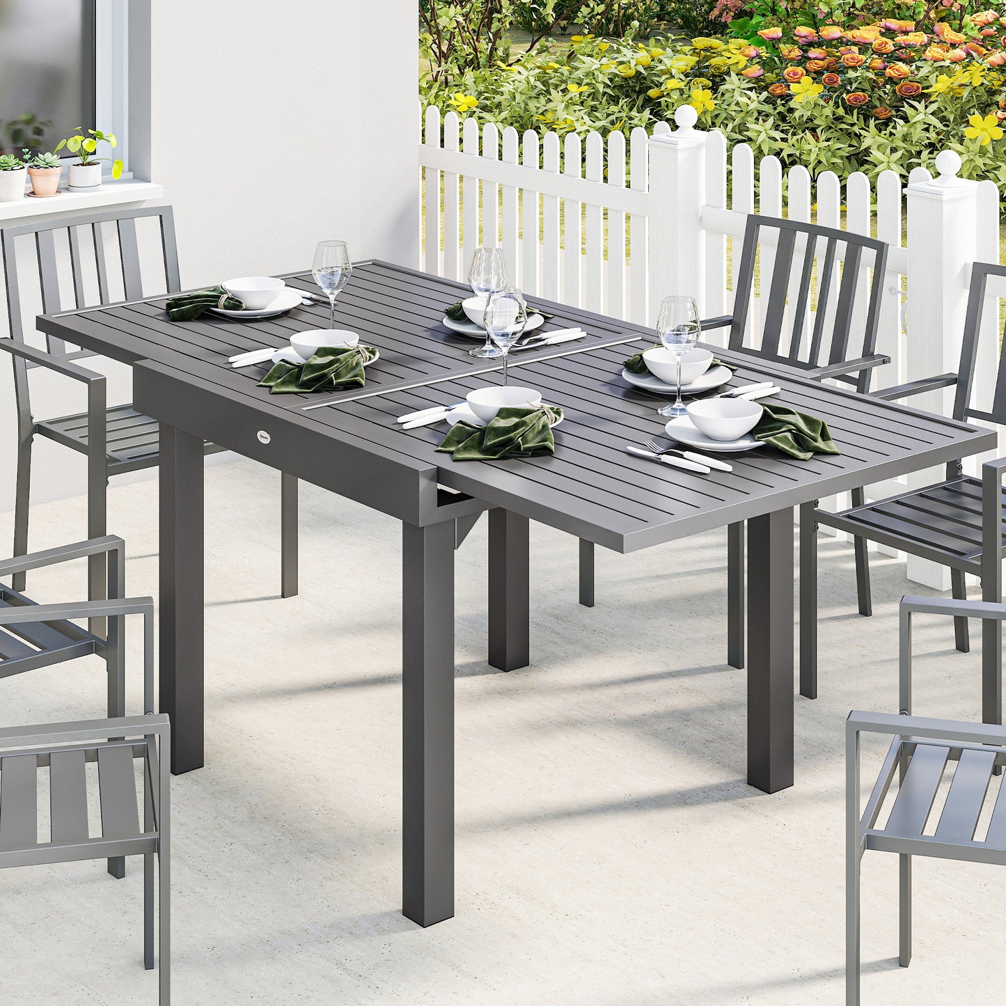 Outsunny Extending Outdoor Garden Table For 4 To 8 People With Slatted Aluminium Top Dark Grey