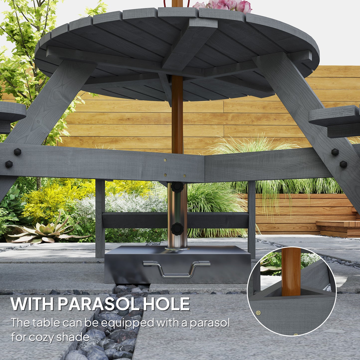 Outsunny Wooden Garden Dining Set 6 Seater Round Table With Matching Bench Parasol Hole Grey Outdoor Patio