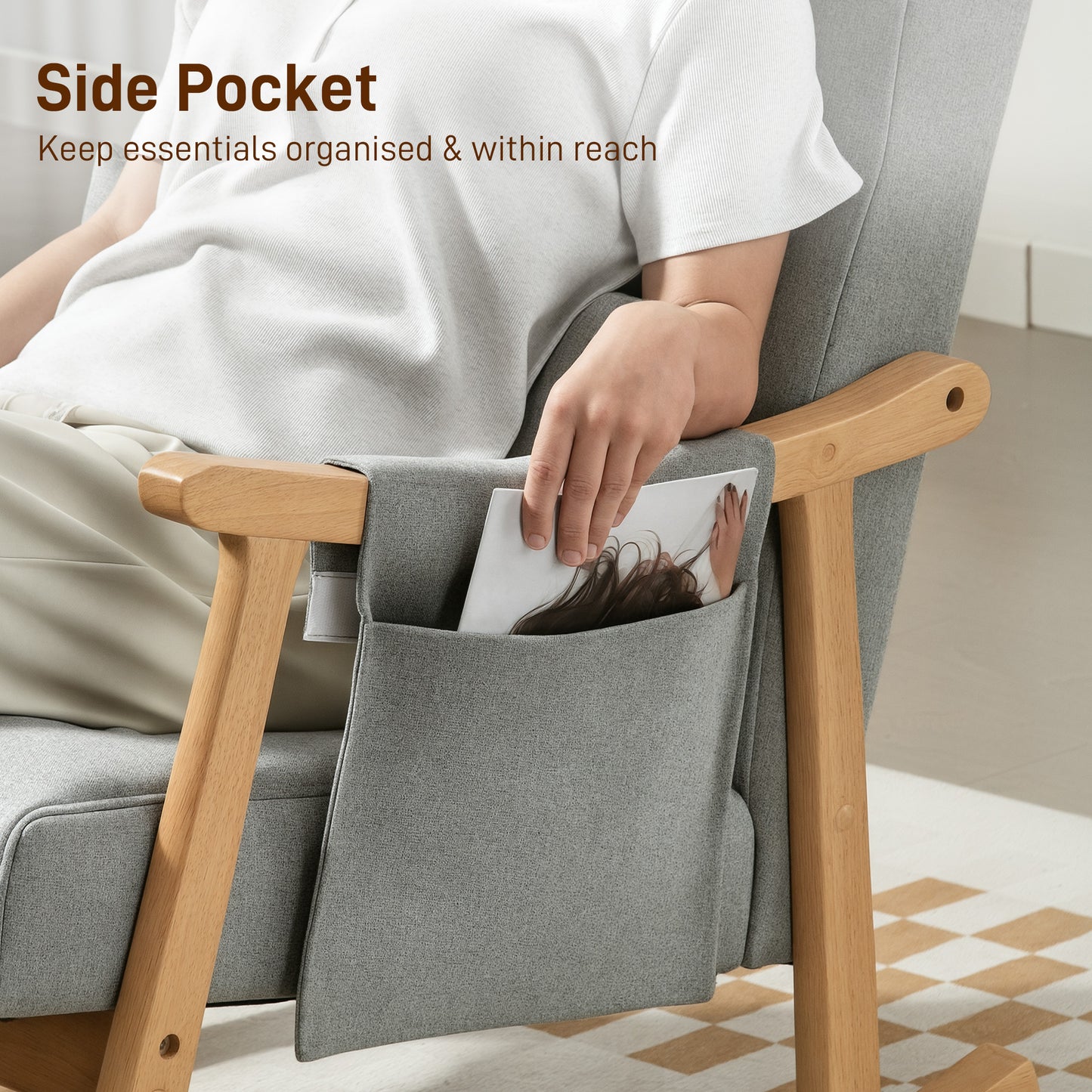 HOMCOM Wood Frame Rocking Accent Chair in Light Grey with Padded Seat and Back and Armrest