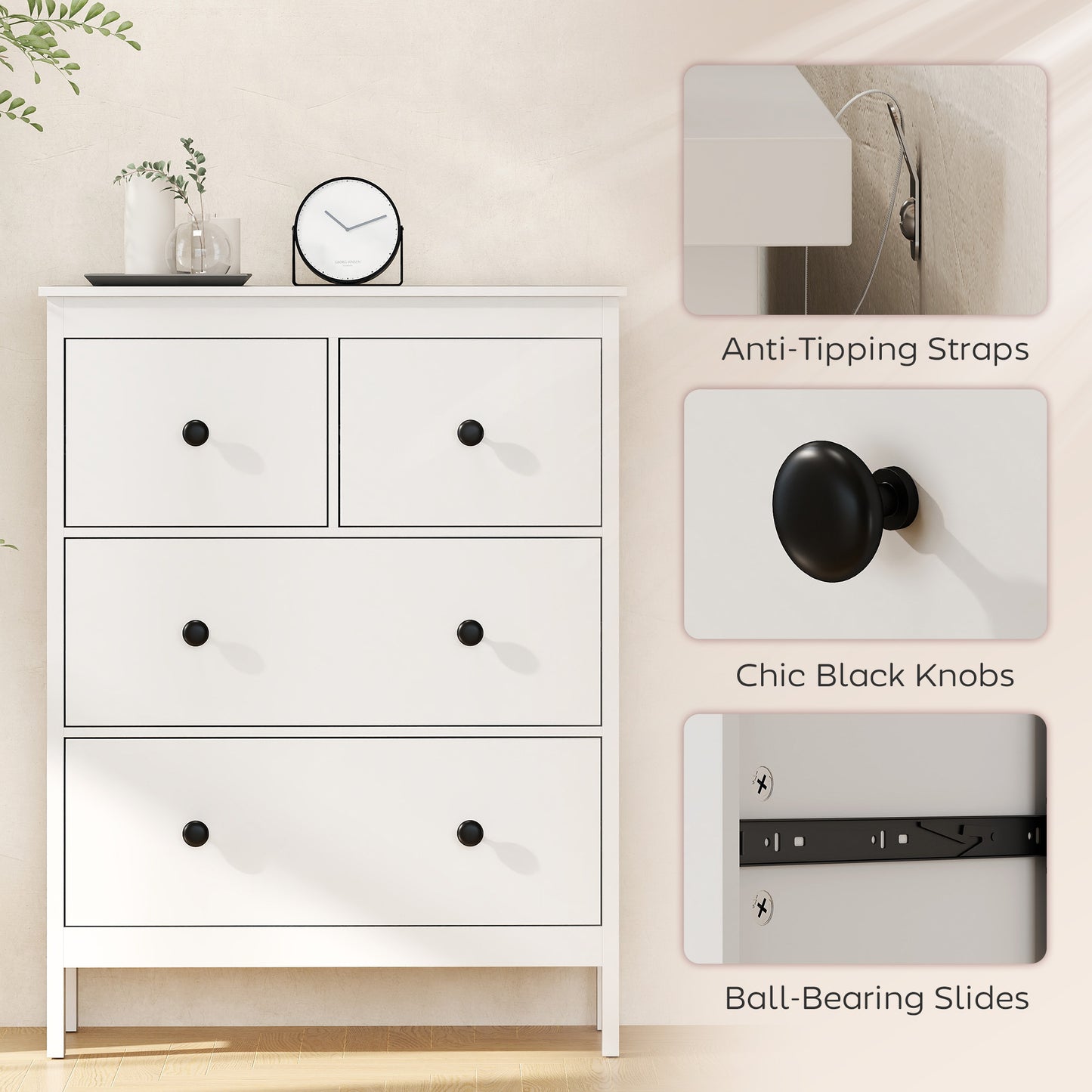 HOMCOM Modern 4 Drawer Chest Of Drawers White Dresser For Living Room Hallway Entryway