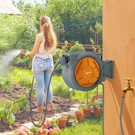 Outsunny Retractable Hose Reel Wall Mounted 32m Hose With Lock Auto Rewind 180 Degree Swivel 7 In 1 Spray Nozzle Orange