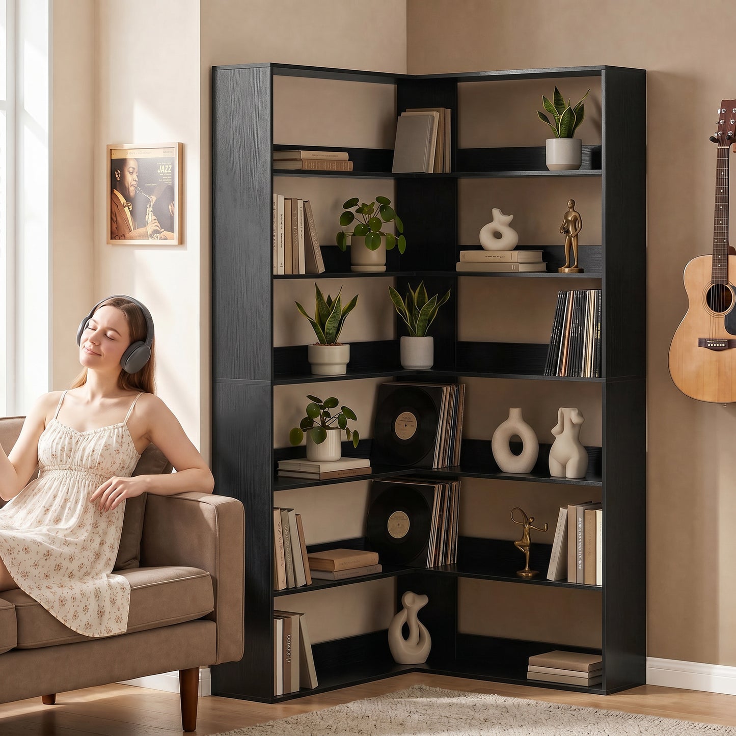 HOMCOM 7 Tier L Shaped Corner Bookshelf with Anti Slip Rear Guard Black Wood Effect 180 Cm Tall