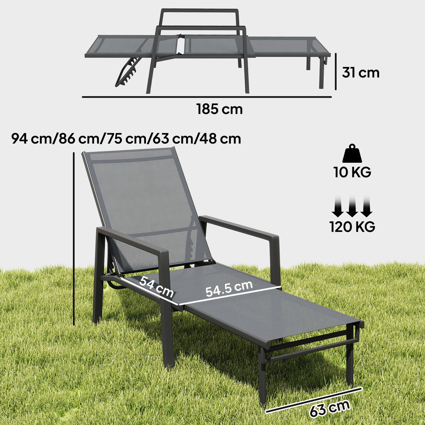 Outsunny Sun Loungers Set Of 2 With Retractable Footrest And 5 Position Adjustable Steel Frame For Beach Patio Grey