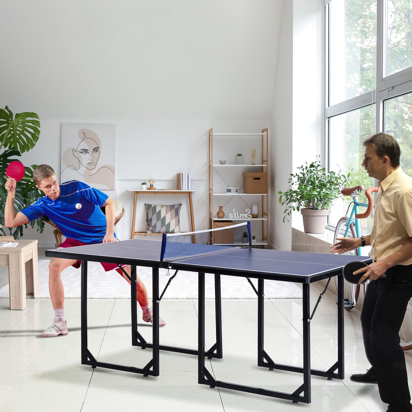 HOMCOM Compact Folding Mini Table Tennis Set - Black/Blue - ALL4U RETAILER LTD