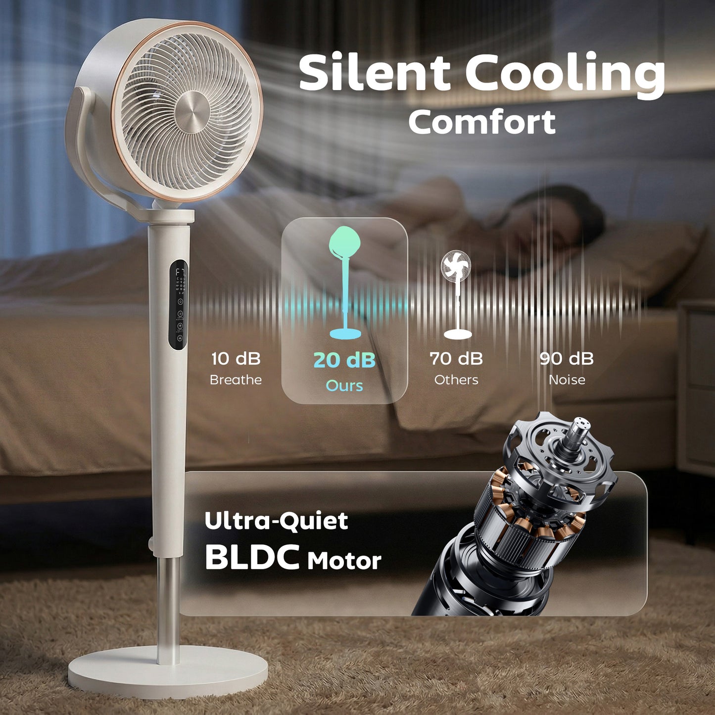 HOMCOM 20 dB Silent Standing Fan with 70 to 90 Degree Auto Oscillation, 12 Speeds, Remote, 12H Timer, 46 Inch White