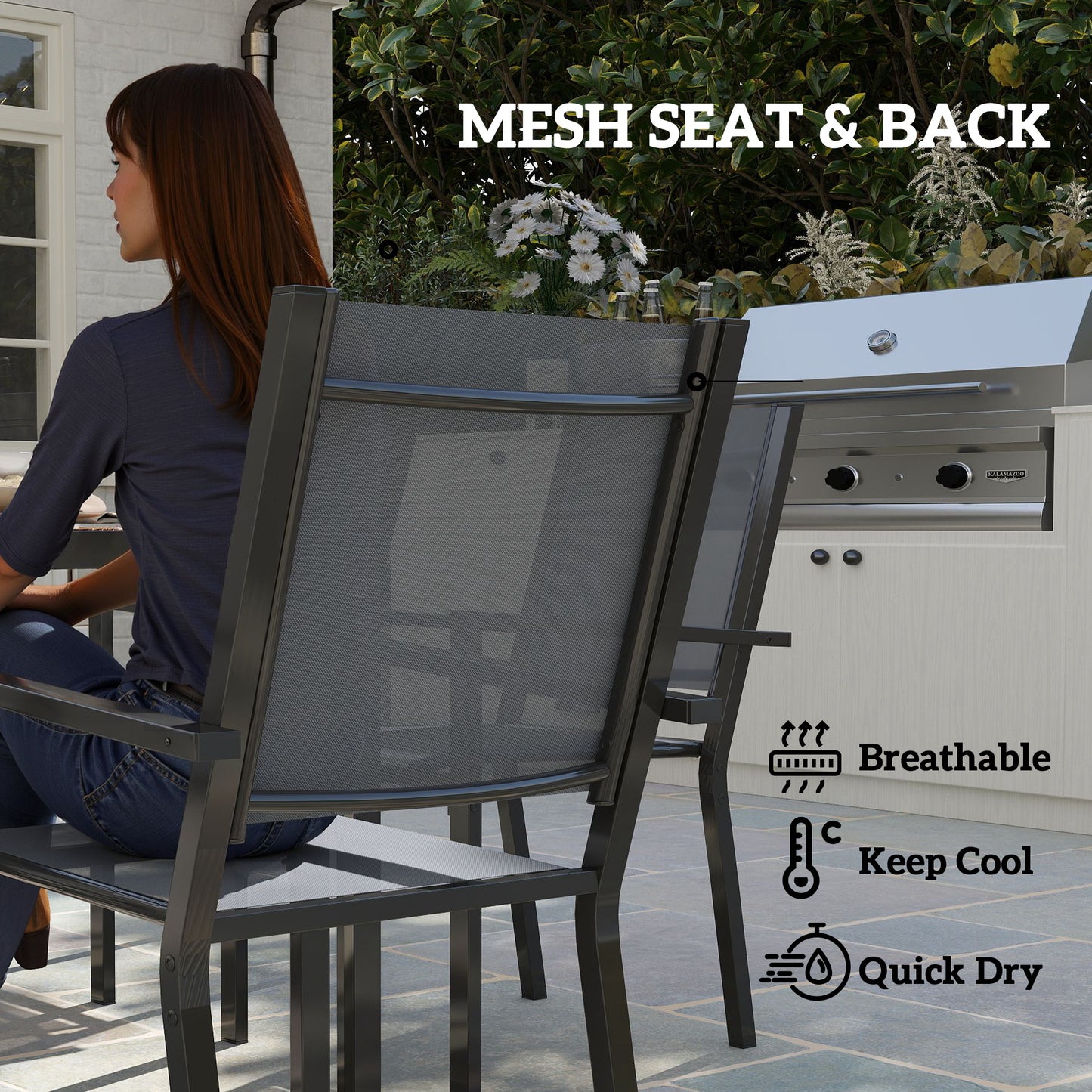 Outsunny 7 Piece Garden Dining Set With 6 Stackable Chairs And 150 Cm WPC Slatted Table Rust Resistant Steel Frame