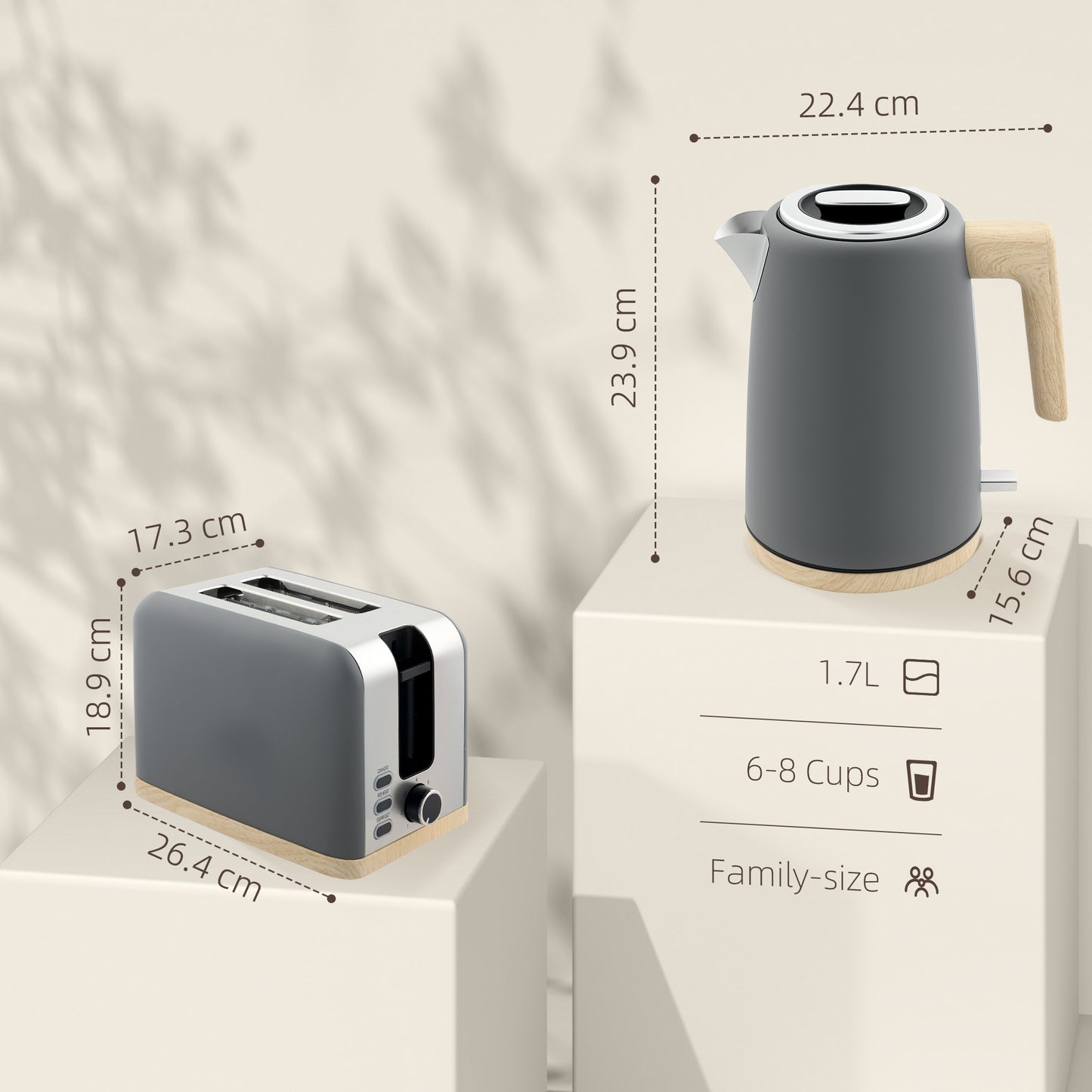 HOMCOM Kettle And Toaster Set 1.7L 3000W 2 Slice With 7 Browning Levels Defrost Reheat Auto Off Boil Dry Protection Grey