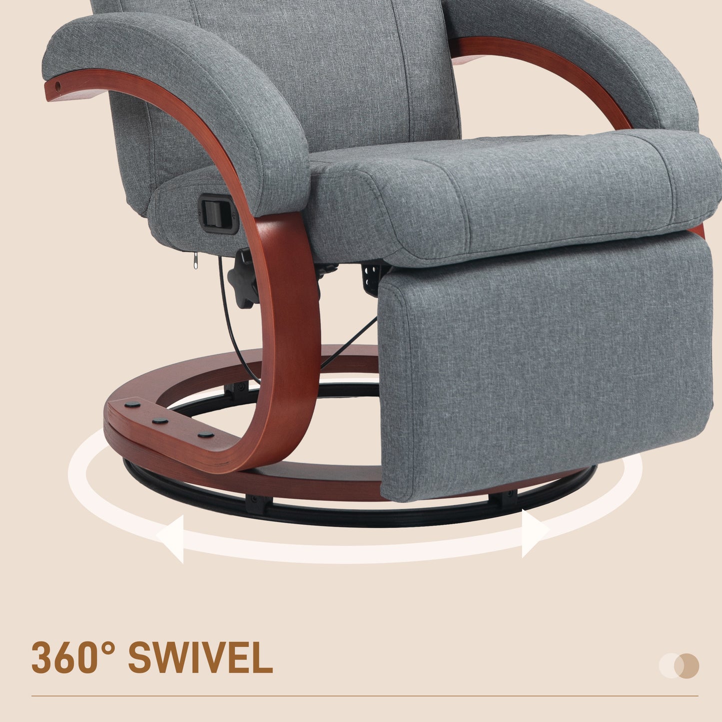 HOMCOM 135 Degree Manual Reclining Swivel Chair With Footrest Grey High Back Ergonomic Armrests Cushioned Seat