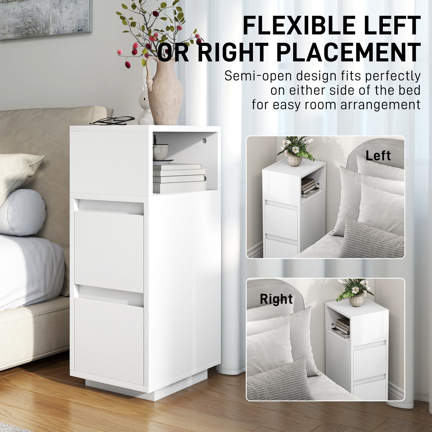 HOMCOM Slim Bedside Table With Open Shelf And Two Drawers For Bedroom And Living Room White