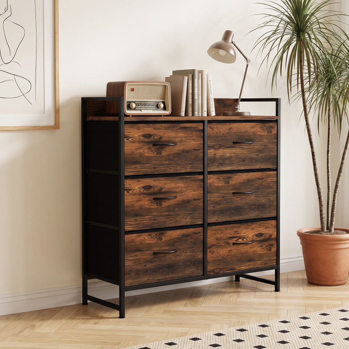 Woodgrain fabric drawer dresser with six compartments and open-top shelf, dark frame, long pull handles