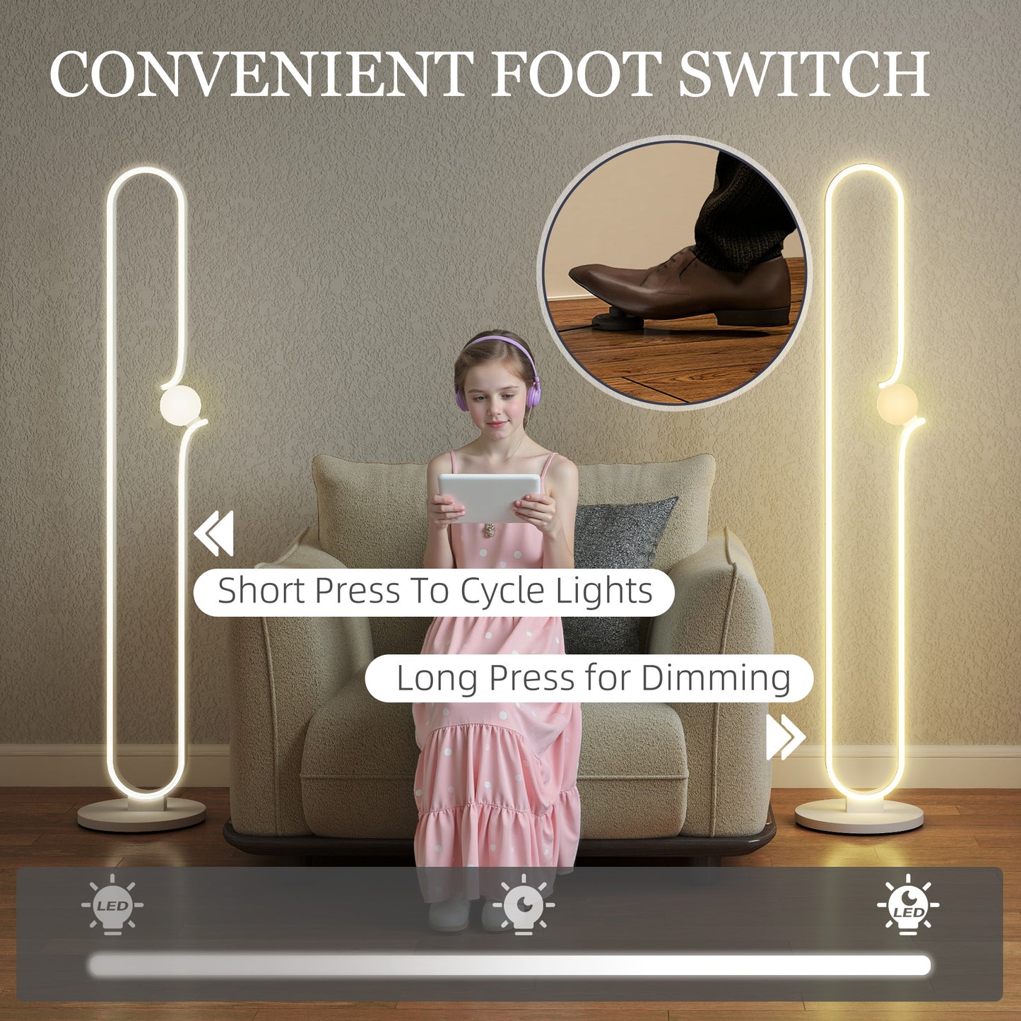 HOMCOM LED Floor Lamp Dimmable With Glass Night Light And Foot Switch For Living Room Bedroom Office White
