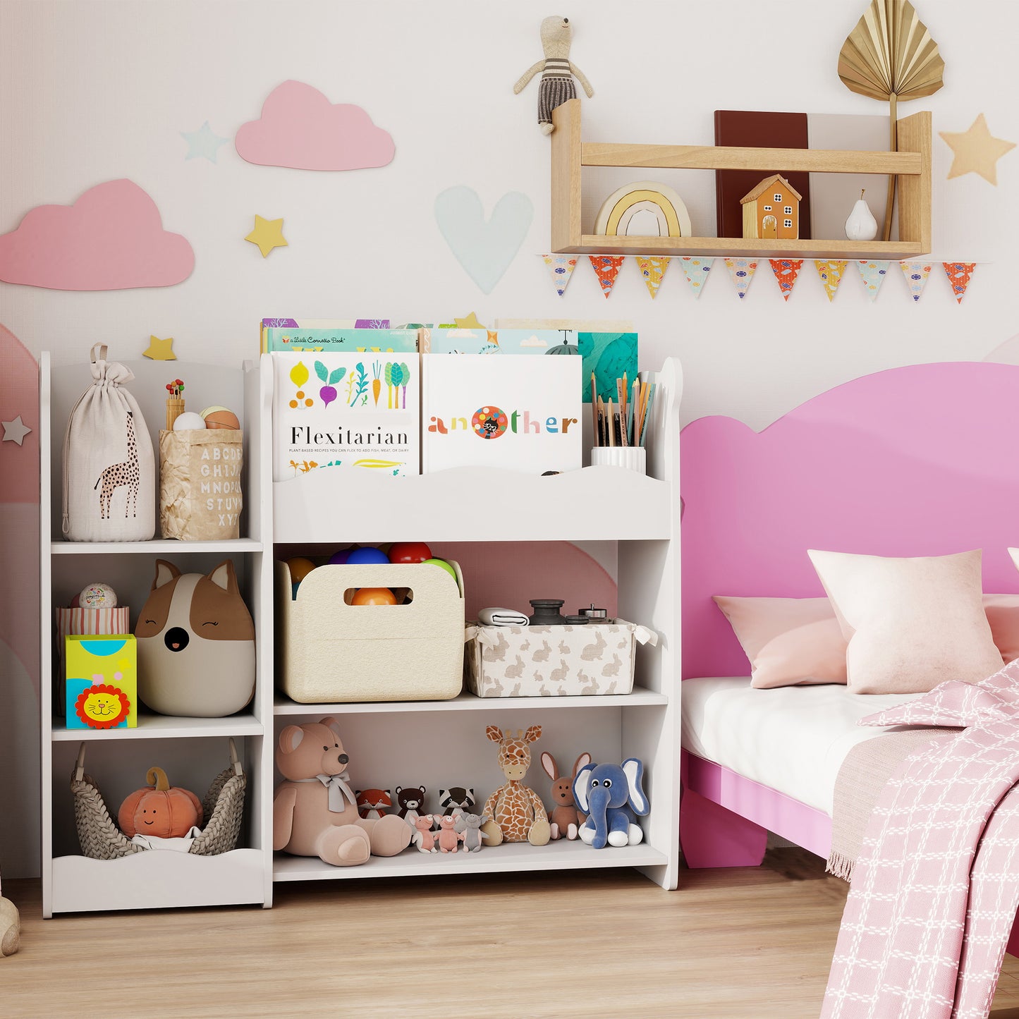 AIYAPLAY Bear Design Kids Toy Storage Unit Bookshelf And Organizer For Bedroom Nursery Playroom White