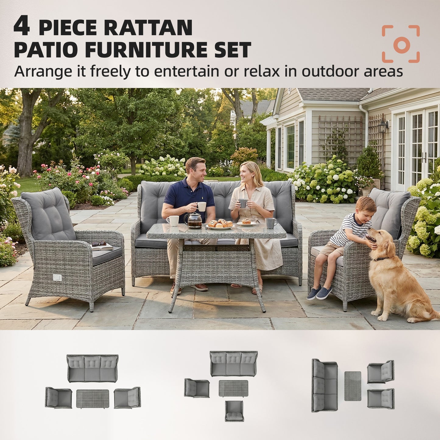Outsunny 5 Seater Rattan Garden Furniture Set With Sofa And Reclining Chairs Table Grey Patio