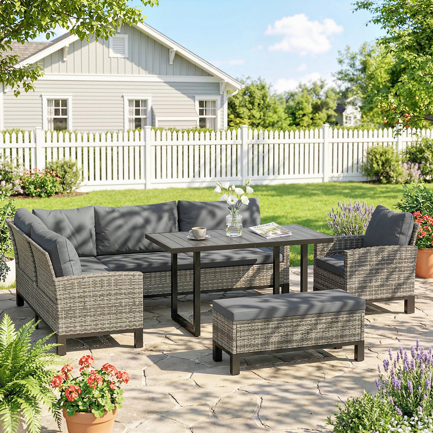 Outsunny 9 Seater Rattan Garden Corner Sofa Set Outdoor Dining Set With Faux Wood Table Ottoman And Cushions Dark Grey