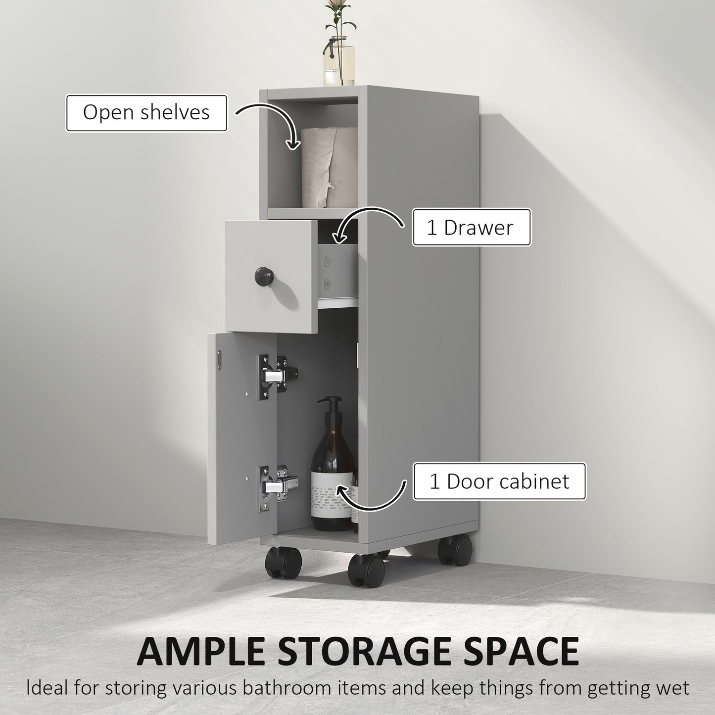 Kleankin Slimline Bathroom Storage Cabinet Grey With Top Drawer And Two Open Compartments