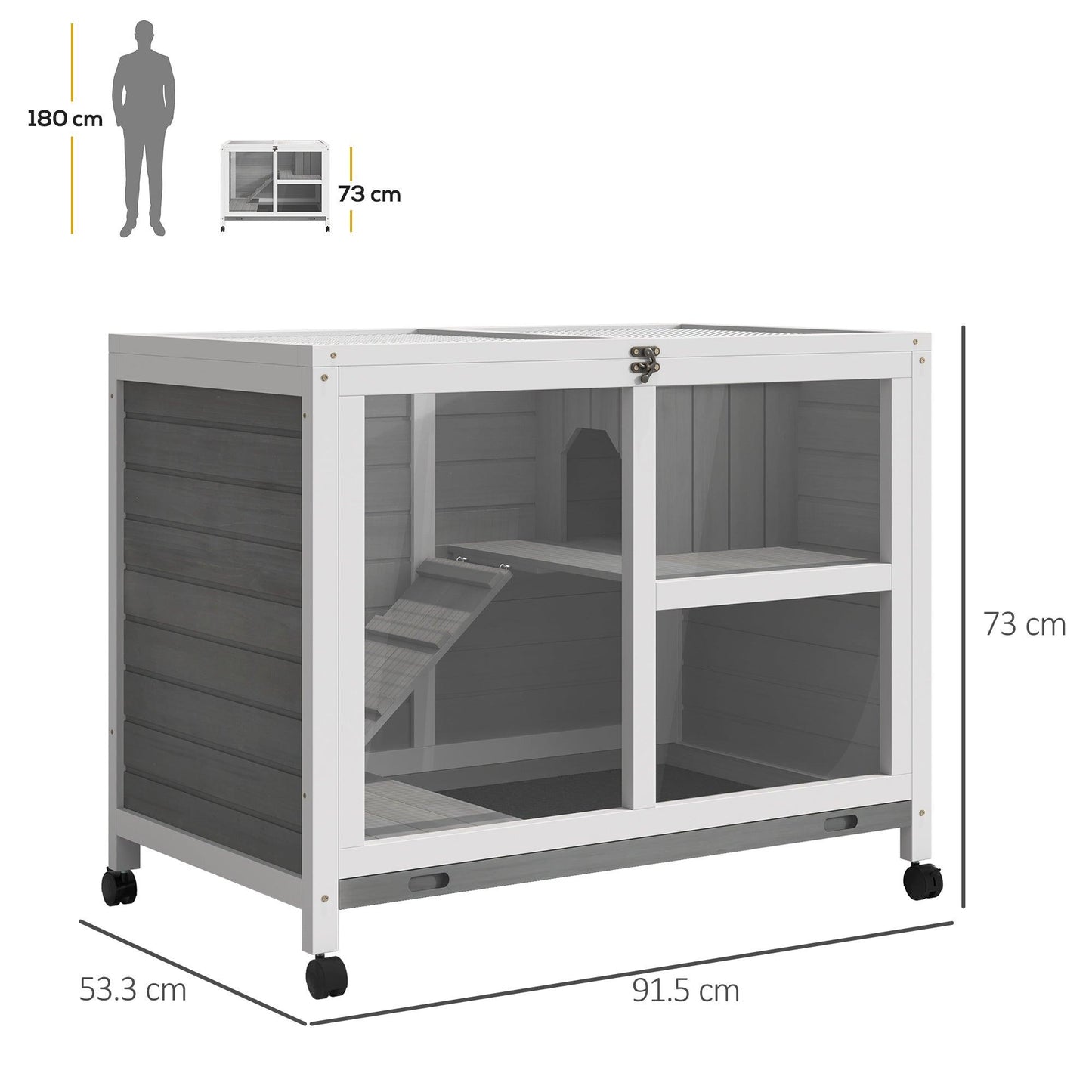 PawHut Wooden Rabbit Hutch with Pull-out Tray and Openable Roof - 91.5 x 53.3 x 73 cm - ALL4U RETAILER LTD