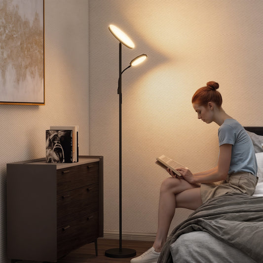 HOMCOM LED Floor Lamp Stepless Dimmable Uplighter With Reading Light 2700K To 6500K Color Temperature And Remote Control