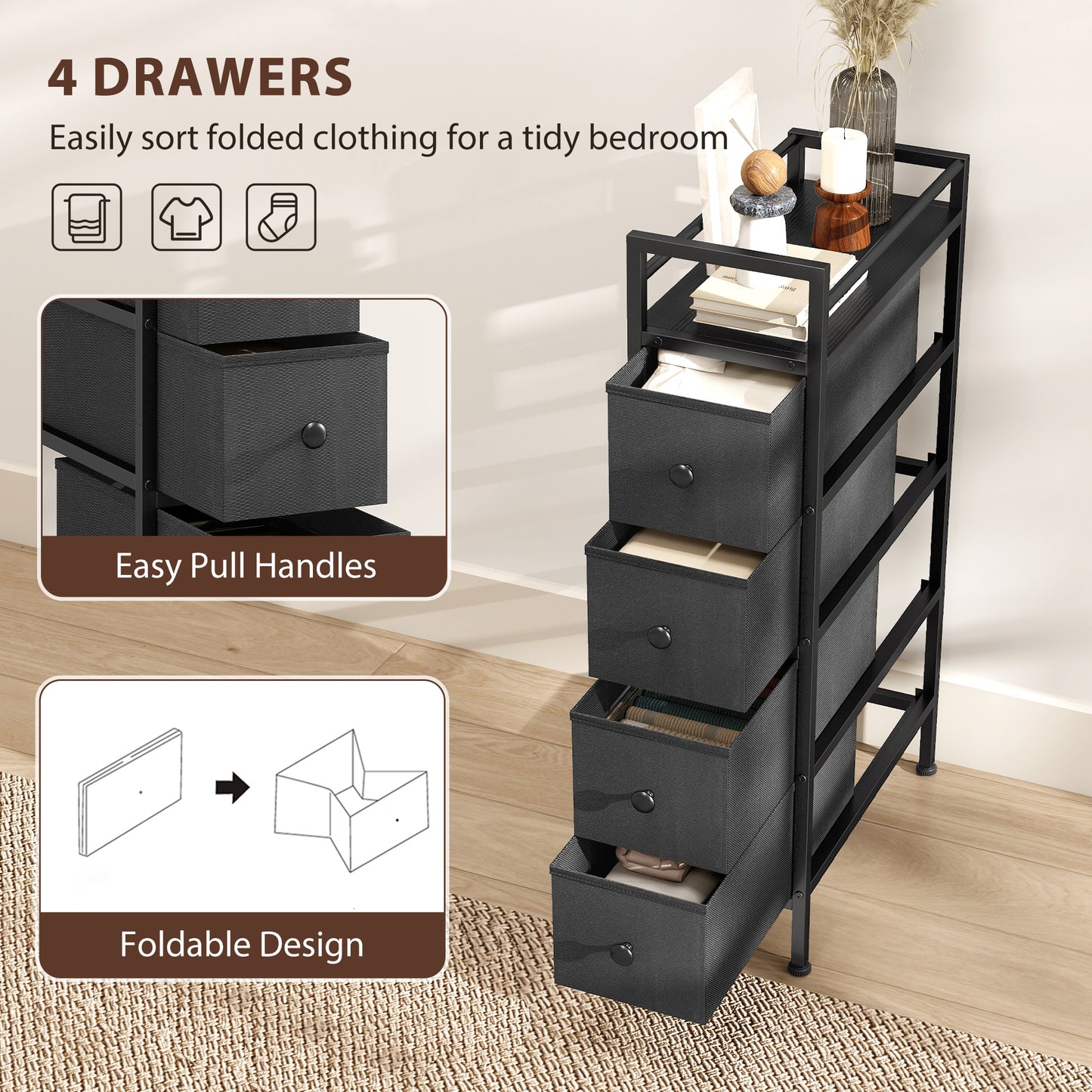 HOMCOM 4 Drawer Fabric Dresser Chest Slim Storage Cabinet With Steel Frame For Small Spaces Bedroom Black